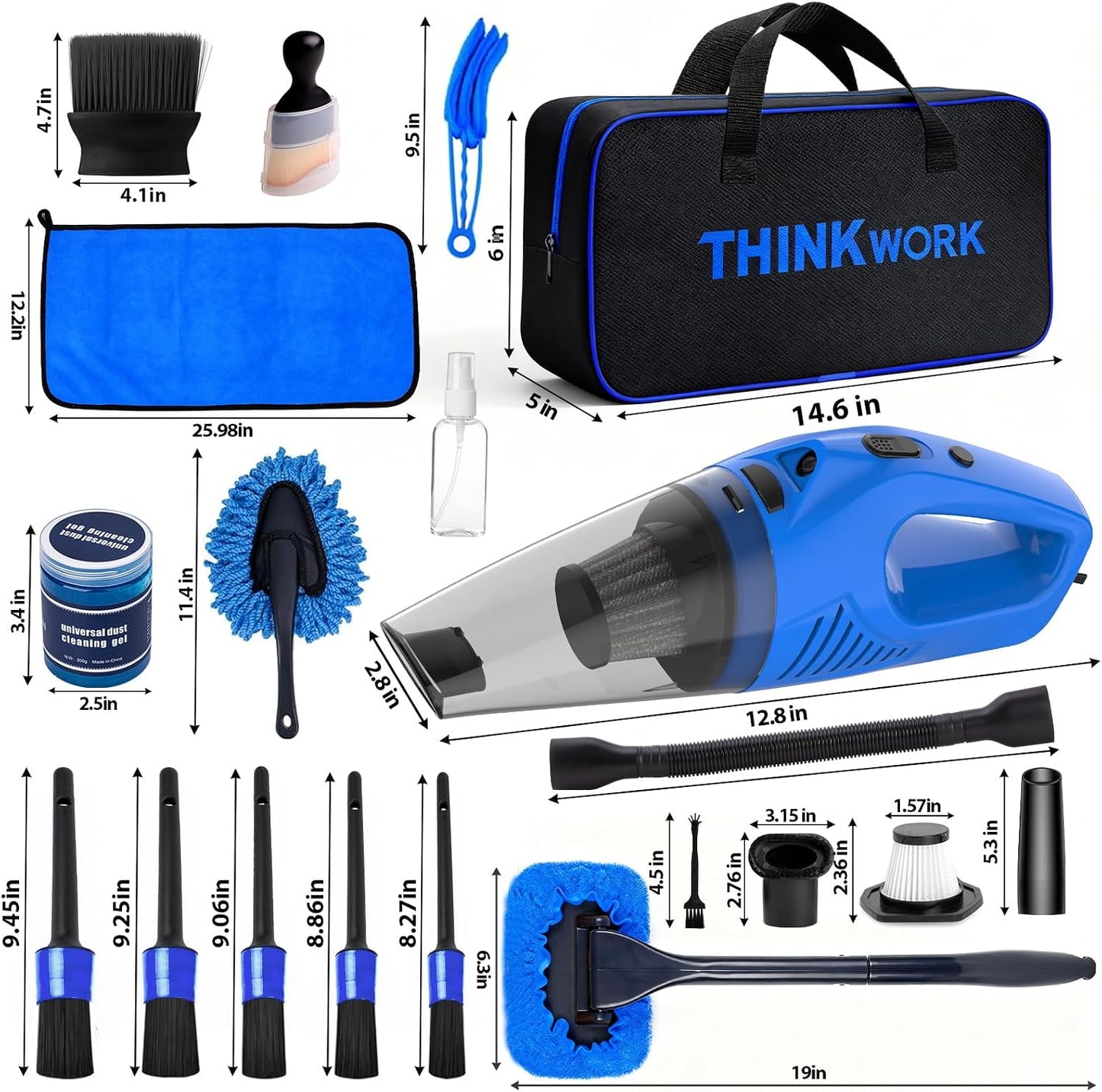 THINKWORK Car Cleaning Kit Car Detailing Kit,Car Cleaning Kit Interior Cleaner with High Power Blue Handheld Vacuum Cleaner,Brush Sets,Windshield Cleaner and Storage Bag,Car Accessories,Car Gift Set