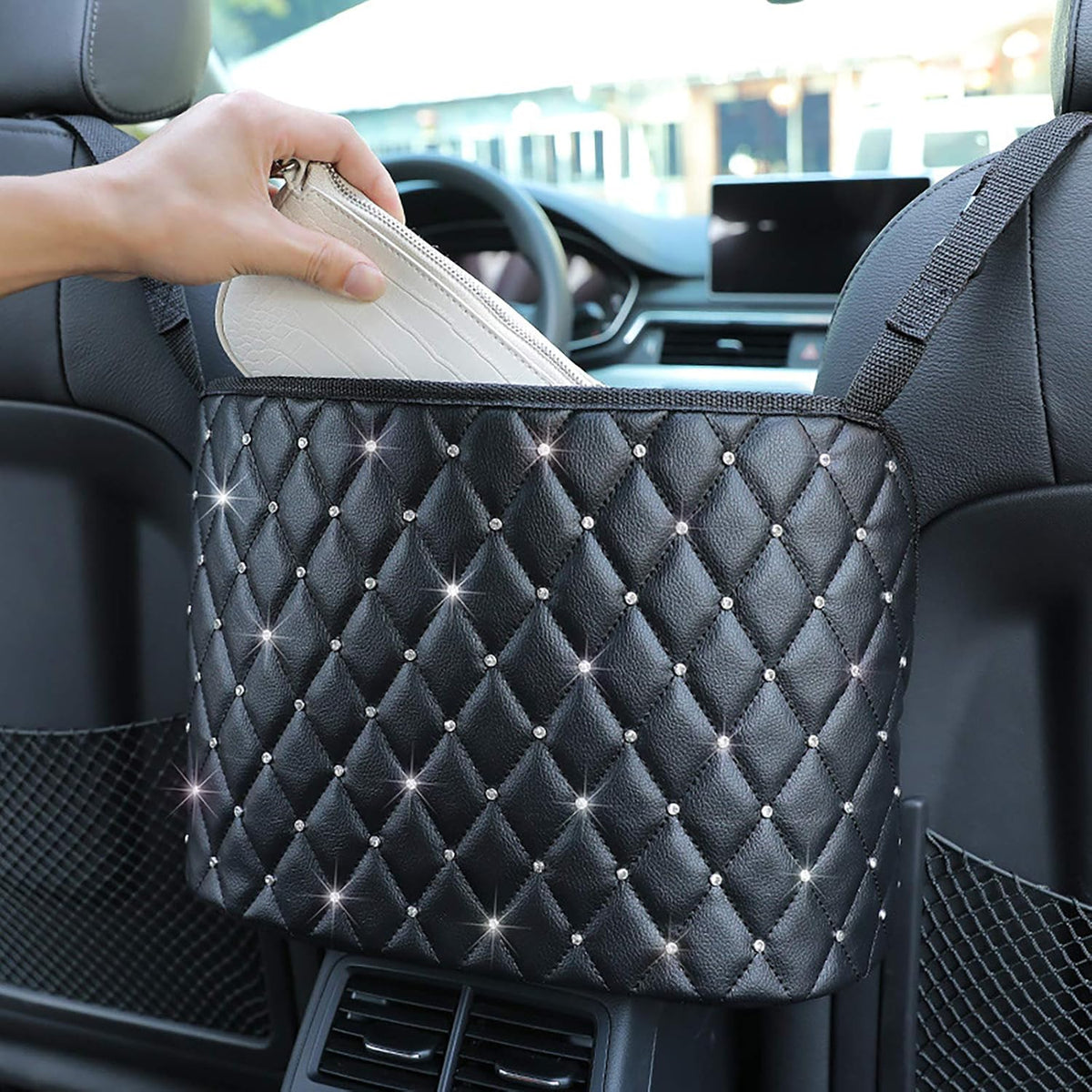 Car Purse Holder - Durable Leather Seat Back Organizer with Handbag Holder, Front Seat Storage Barrier, Backseat Pet & Kids Driver Storage Netting Pouch