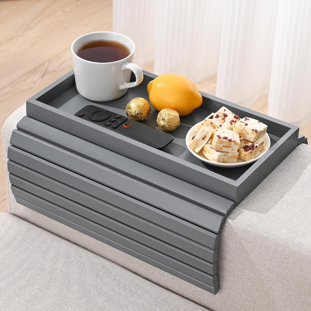 Bamboo Sofa Arm Tray, Anti-Dropping Couch Arm Tray, Foldable Sofa Armrest Tray Couch Arm Table for Eats, Drinks, Snacks, Remote, Cellphone, Cup Holder, Back Anti-Slip Pad Design