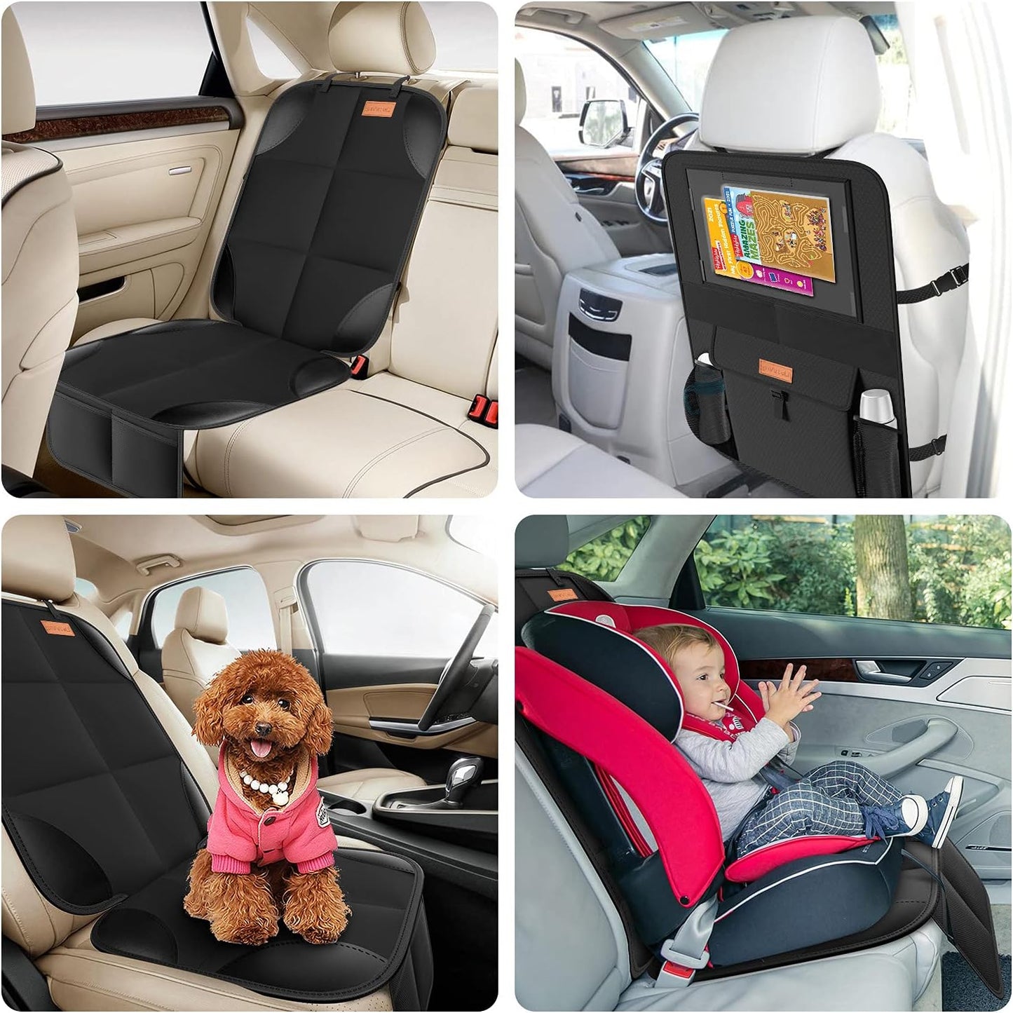 SMART ELF Non-Slip Backing Backseat Car Organizer Kick Mat with Storage Pockets, Large Waterproof Baby Car Seat Protector for Leather and Fabric (Black)
