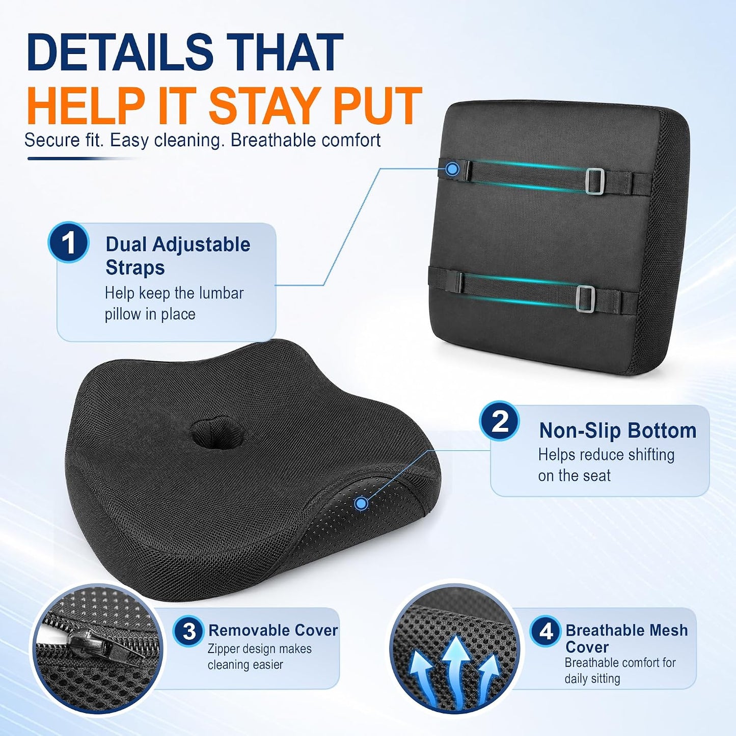 Allaboutsla Car Seat Cushion and Lumbar Back Support Pillow Set for Driving | Memory Foam Car Seat Cushions, Back Support for Car, Car Cushion for Height, Pressure Relief for Trucks, Office Chairs, Black