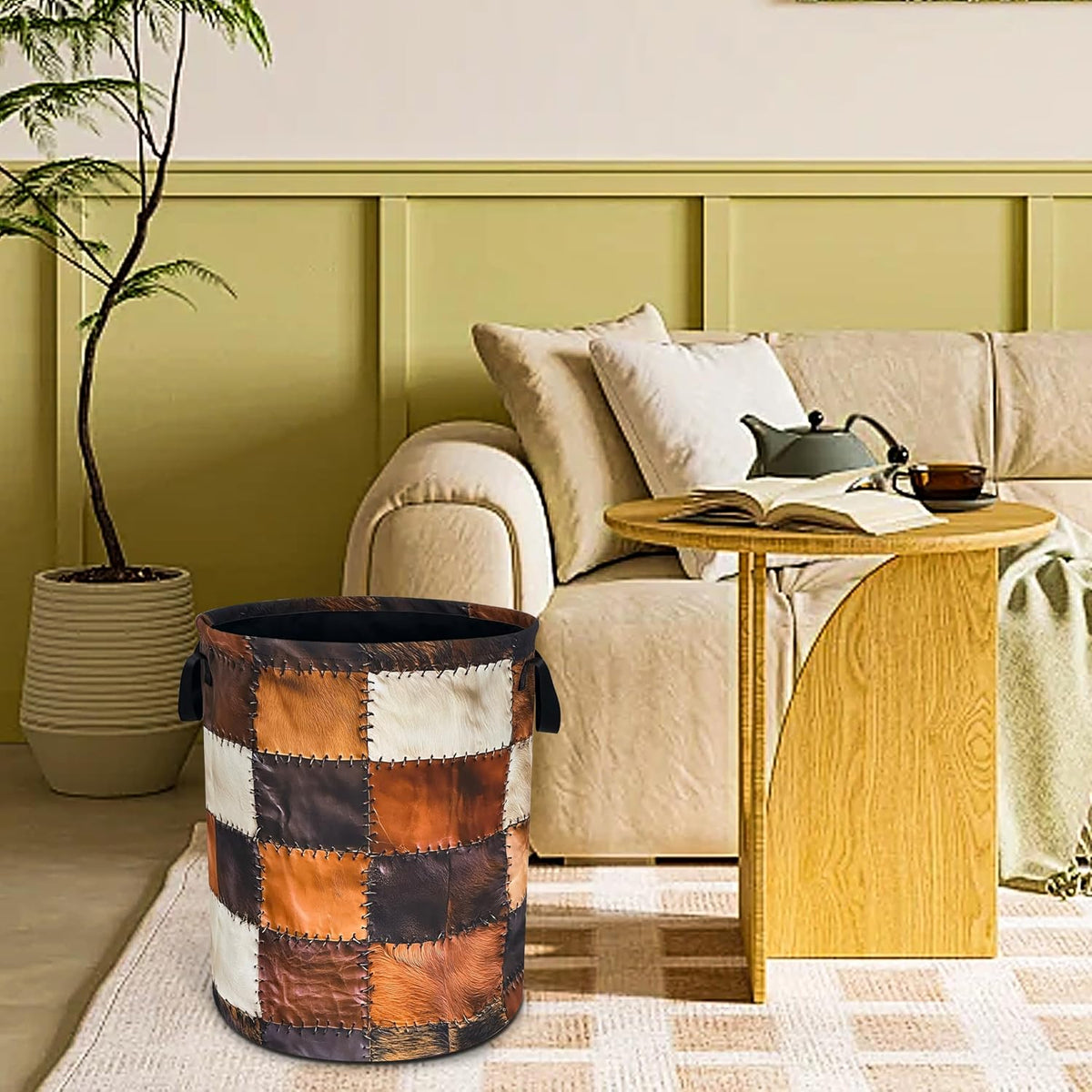 Brown Cowhide Print Laundry Basket Foldable Waterproof Hamper 18.9x16.5 In