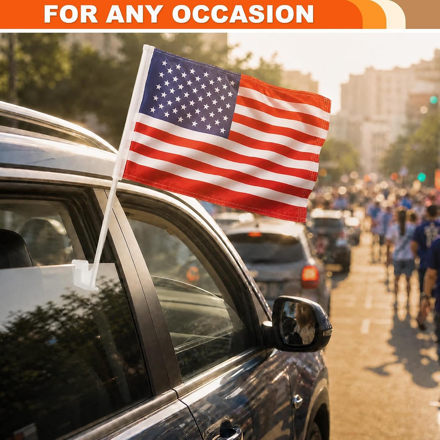 2-Pack American Flag for Car Window - Heavy Duty 2-Ply Warp-Knitted Polyester USA Car Flags, 17.5" Sturdy Pole W/Window Clip, Highway Ready for SUV, Truck & Football Sports Events