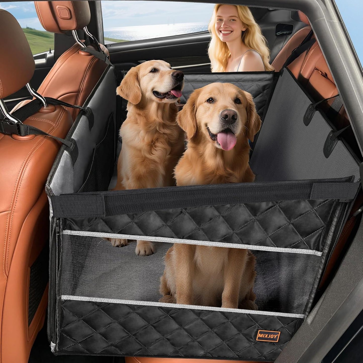 MIXJOY Dog Car Seat for Large Medium Dogs, Back Seat Extender for Pets, Waterproof Pet Carseat for Medium Sized Dog, Hammock for Pet, with Storage Pocket for Cars/SUV/Truck(L-28 * 22 * 20.5in)