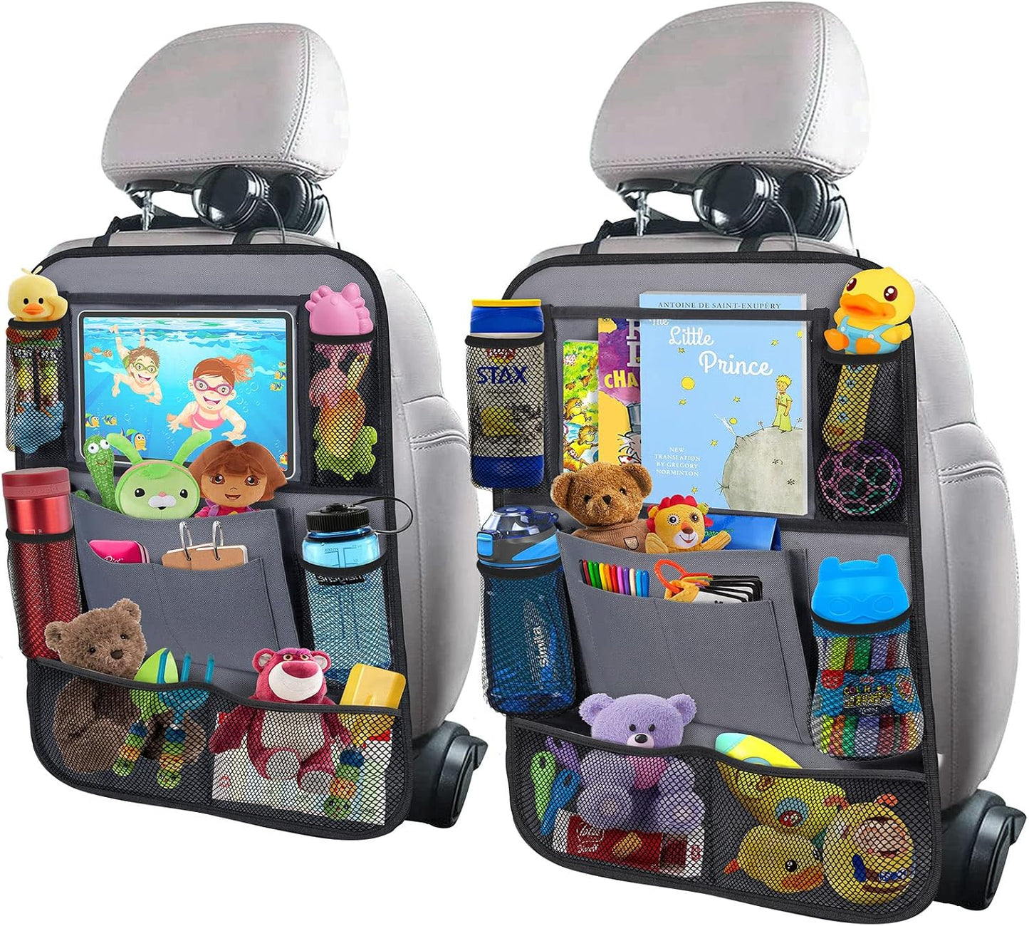 ULEEKA Car Backseat Organizer with 10" Table Holder, 9 Storage Pockets Seat Back Protectors Kick Mats for Kids Toddlers, Travel Accessories, 2 Pack