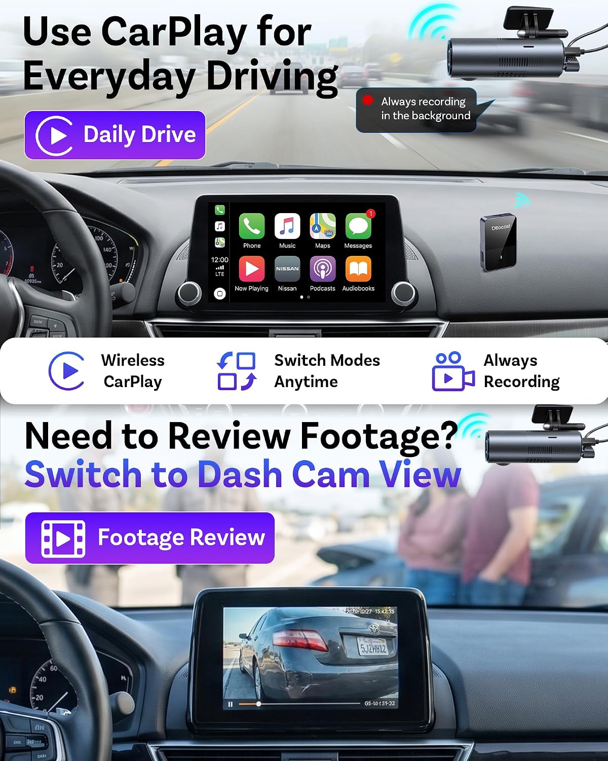 OTTOCAST OttoSafe Dash Cam Front and Rear with Wireless CarPlay Adapter