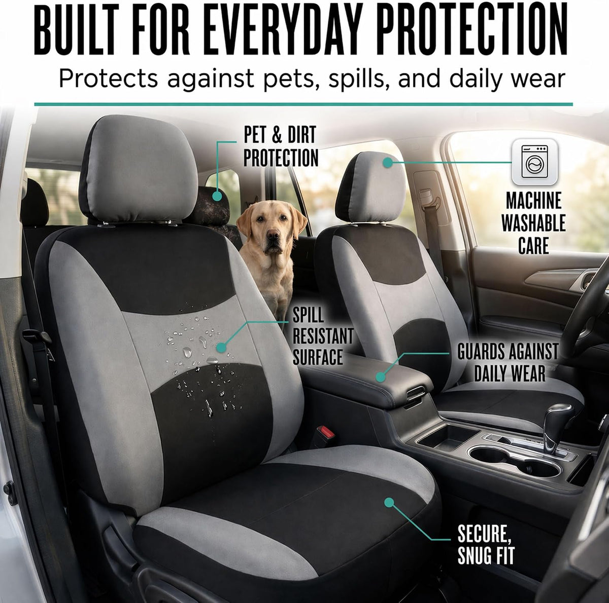 FH Group Universal Fit Gray Black Automotive Seat Covers Combo Set with Steering Wheel Cover and Seat Belt Pad fits Most Cars, SUVs, and Trucks (Airbag Compatible and Split Bench)