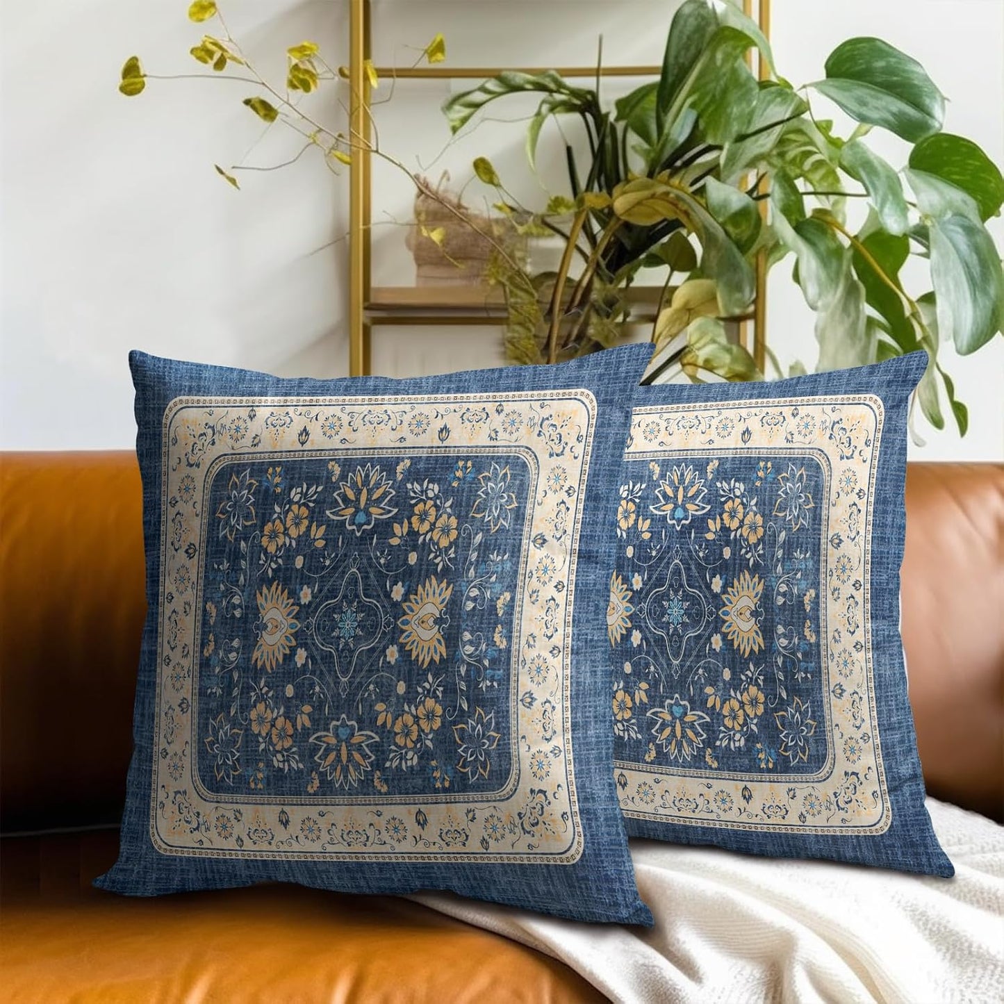 Giwawa Blue Boho Throw Pillow Covers 16x16 Inch Ethnic Floral Decorative Pillow Cases Set of 2 Square Cushion Covers for Sofa Couch Outdoor Decor