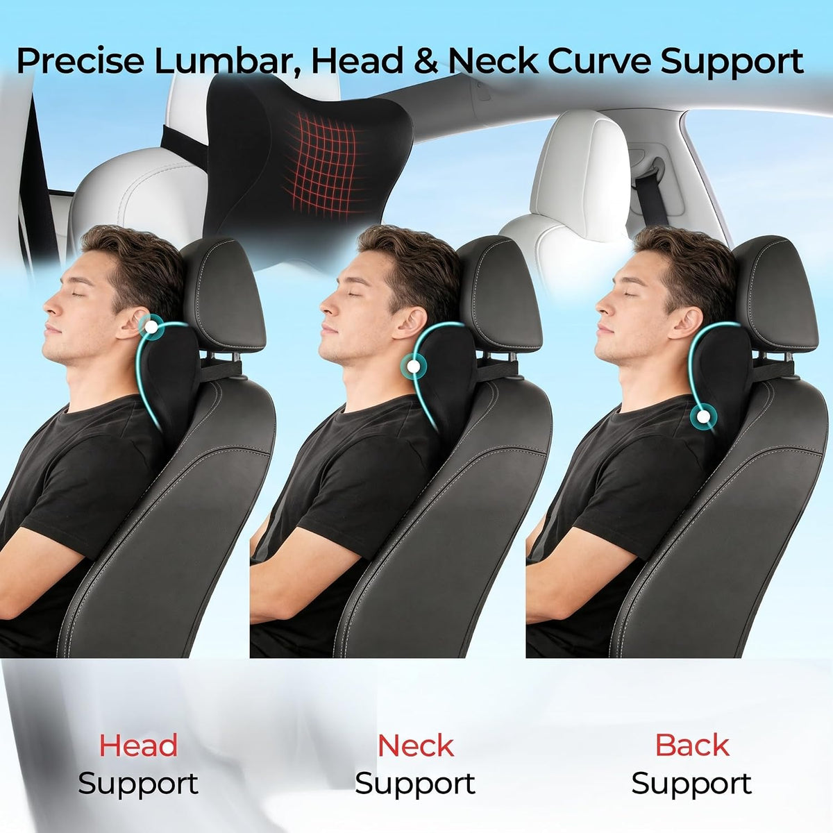 Car Headrest & Lumbar Support Set, Ergonomic Memory Foam Neck Pillow, Comfortable Travel Pillow for Car Truck SUV, Ideal for Long Driving (Gray) (Black)