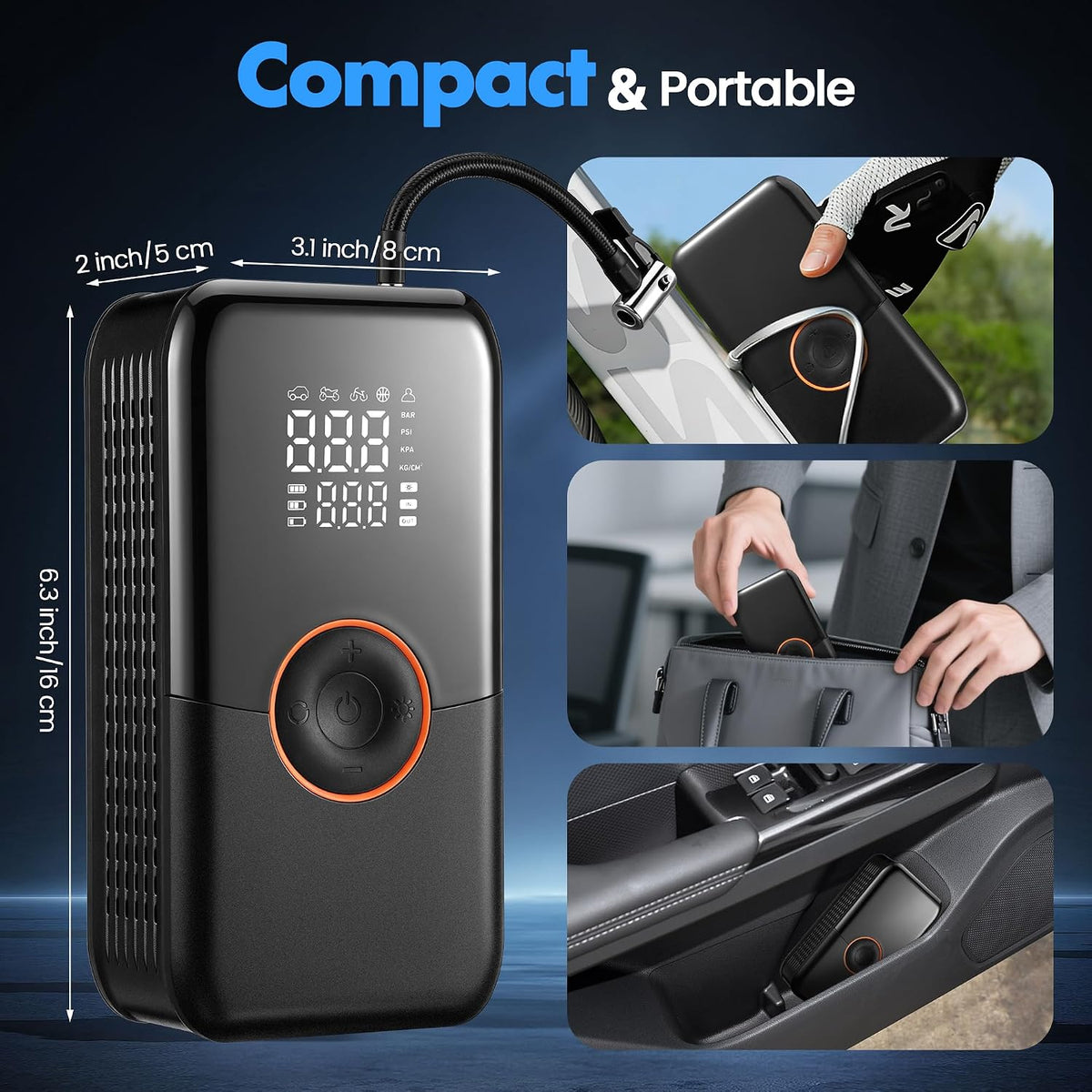 Tire Inflator Portable Air Compressor, 150PSI Air Pump for Car Tire with Digital Pressure Gauge Auto Shut-Off LED Light Fast Inflation, Cordless Bike Pump for Car Motorcycle Bike Ball, Black