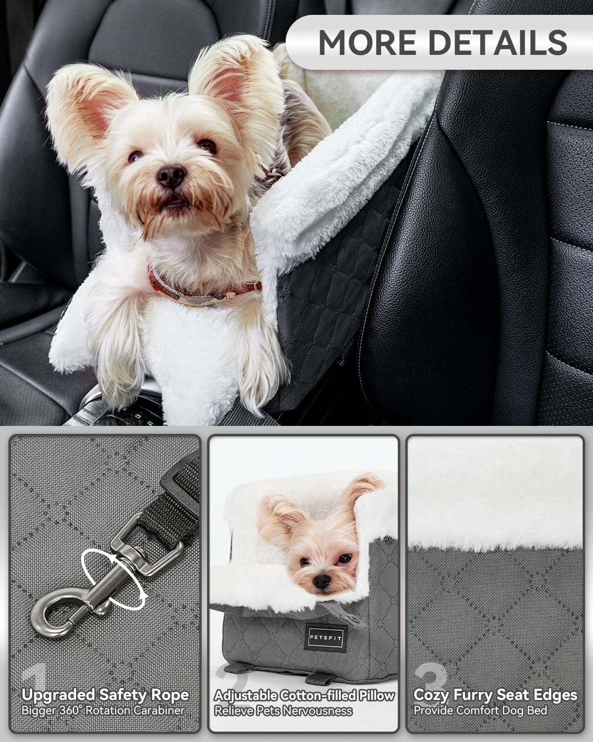 PETSFIT Center Console Dog Car Seat with Safe Protection Hooks, Pet Car Seat with Upgraded Safety Tethers, Washable Cushion, Console Dog Car Seats for Small Dogs Up to 8 Lbs (Grey)