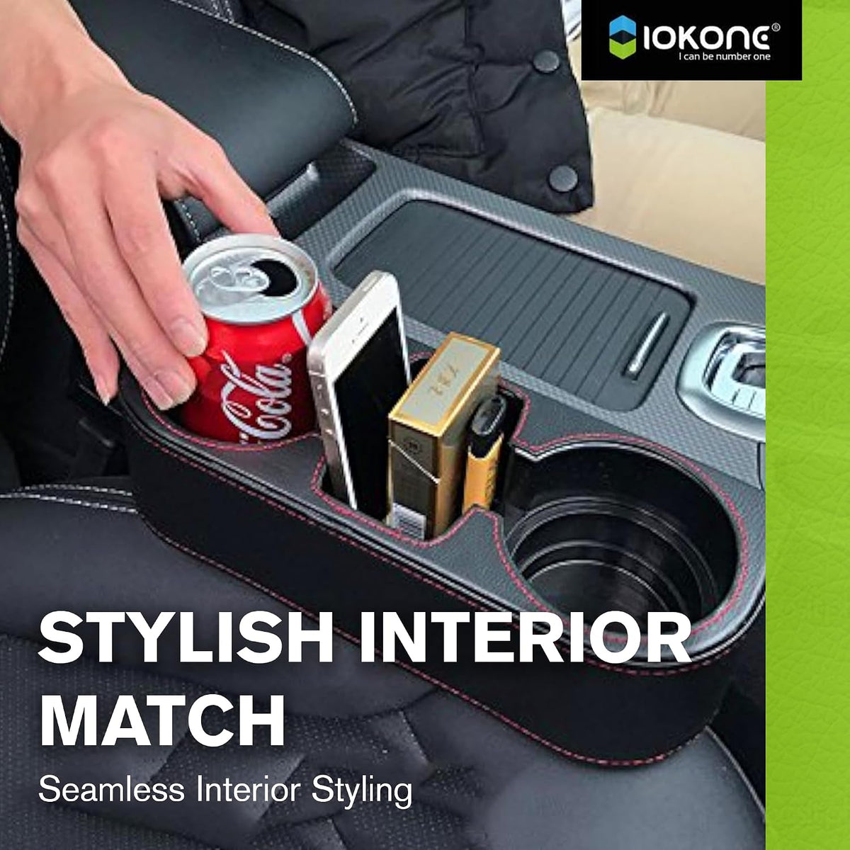 IOKONE Car Cup Holder, PU Leather, Car Seat Gap Filler Organizer, Black