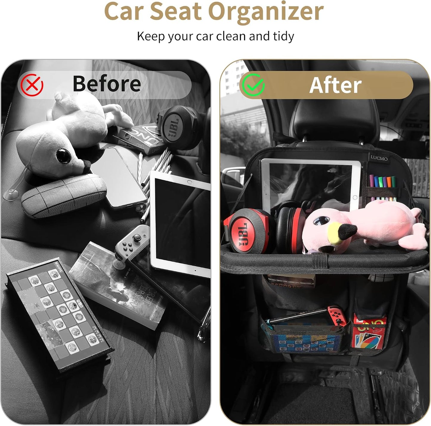 LUCMO Car Backseat Organizer with Foldable Tablet Holder, Black | 6 Storage Pockets,Foldable Food Tray,Protectors Kick Mats,Travel Accessories,Seat Cover,Road Trip Essentials