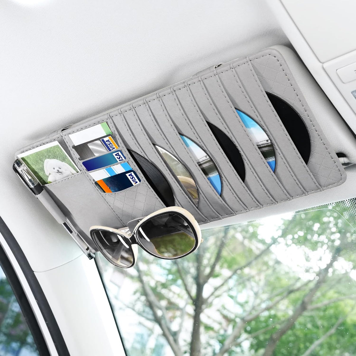 alpmosn Sun Visor CD Case Holder for Car - Multi-Function Visor Organizer with CD/DVD Storage, Eyeglass Clip, Card Slots & Pen Holder, Durable Leather Car Accessories (Black)
