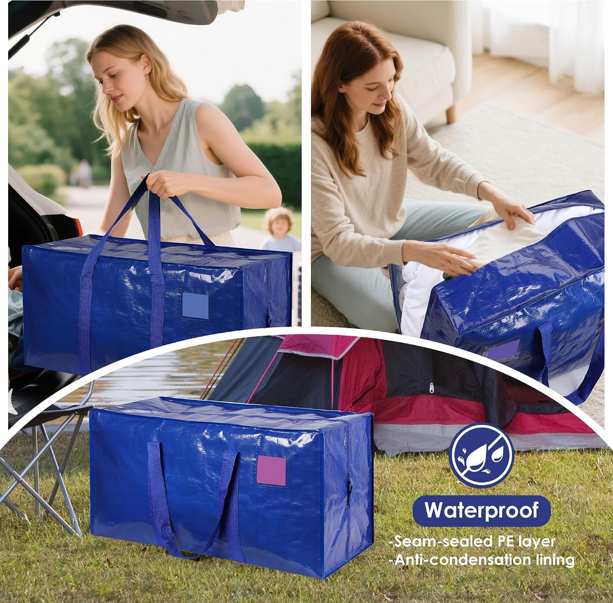 12 Pack Moving Bags with Full-Open Side Zipper, Extra Large 93L Heavy Duty Waterproof Foldable Storage Totes for College Dorm, Moving & Home Organization Blue