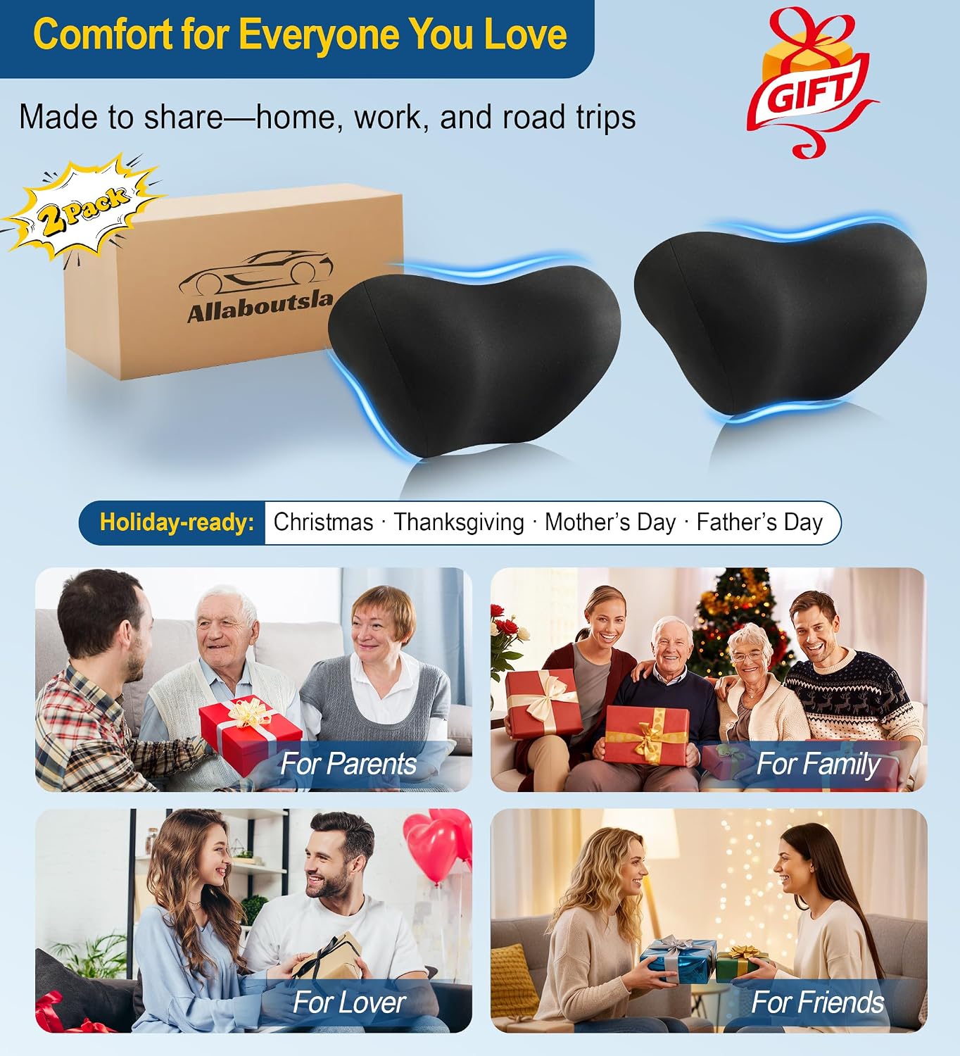 Allaboutsla 2-Pack Car Neck Pillow, Car Headrest Pillow for Neck Support | Memory Foam Car Neck Pillow for Driving with Neck Support, Adjustable Strap, Head Rest Pillow for Long Drives, Trucks, Black