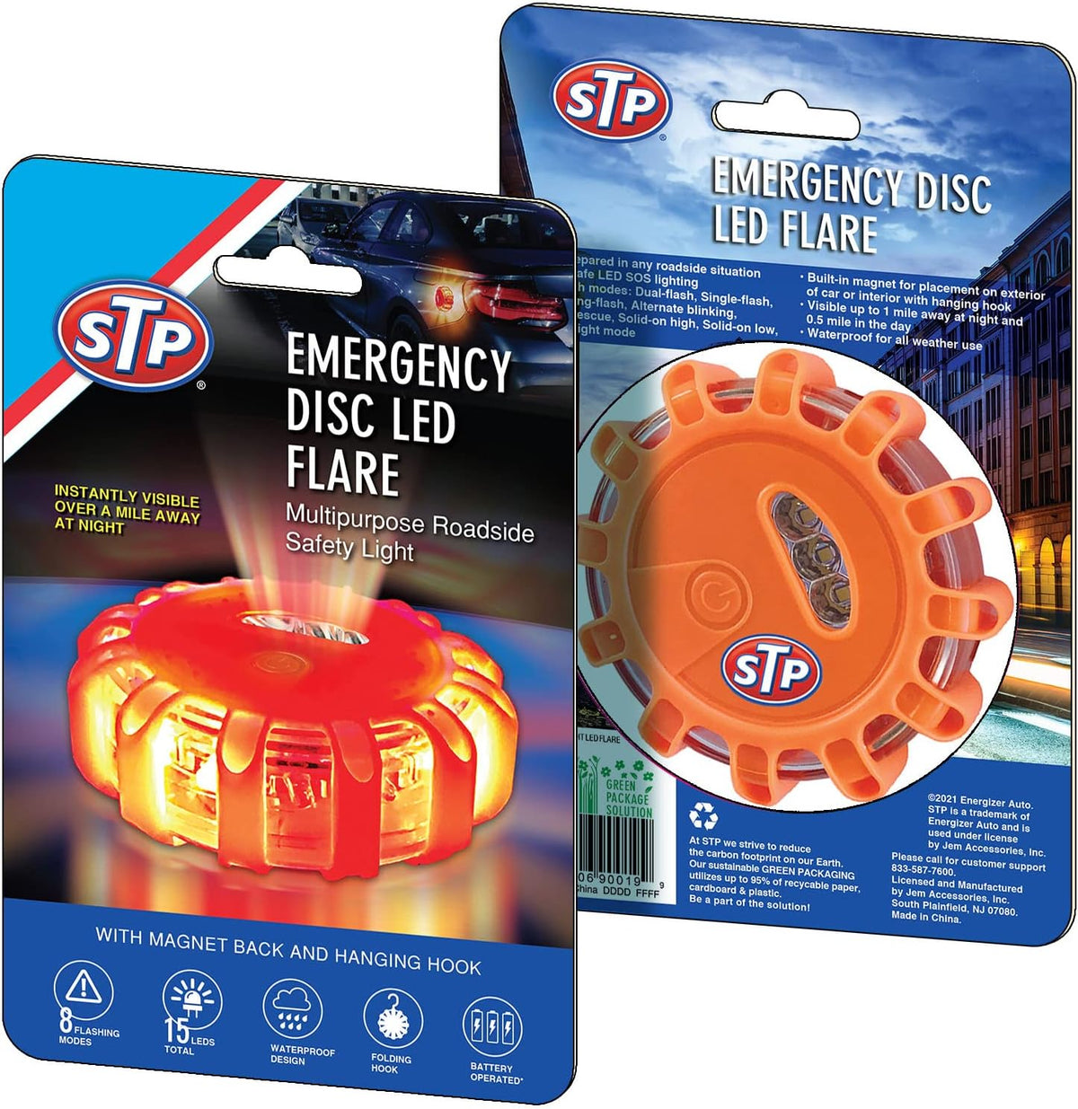STP Emergency Auto LED Road Flare Discs, 8 Flash Modes/2 Mounting Options, 1 Mile Signal Viability, Includes Carrying Bag, Battery-Powered: Requires 3 AAAS, 3-Pack