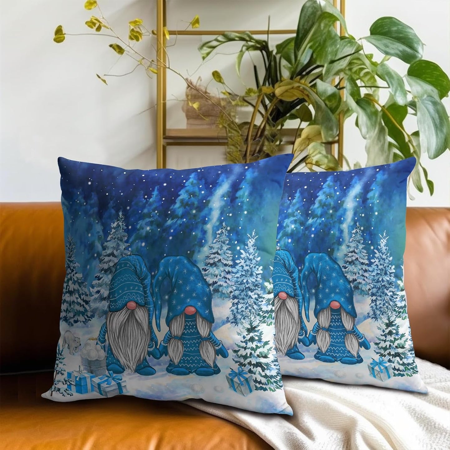 Giwawa Winter Blue Gnome Throw Pillow Covers 18x18 Inch Pine Tree Pillowcases Set of 2 Square Seasonal Cushion Cases for Bed Couch Car Home Decor