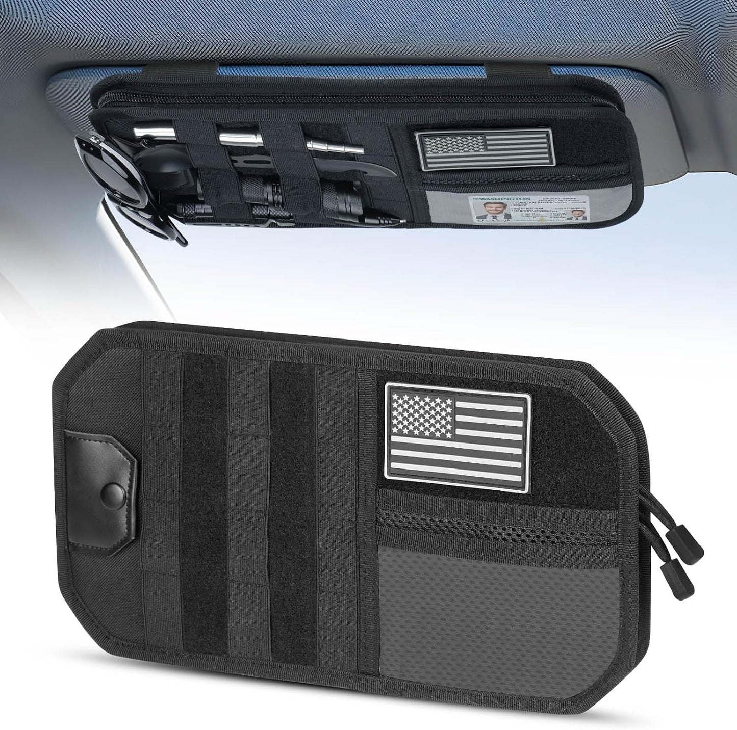 LEPHYON Molle Visor Organizer for Car, 1000D Polyester Heavy Duty Car Visor Organizer with Sunglasses Holder, Pockets, Adjustable Straps, Perfect Truck Accessories, Pickup Patrol Gear Storage (Grey)