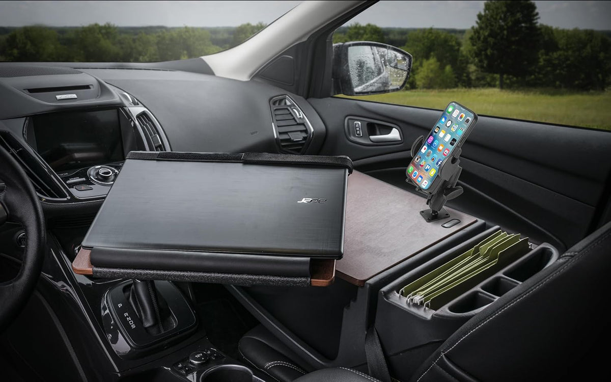 AutoExec Reach Desk Front Seat Car Desk and Portable Workstation with 400 watt Power Inverter, Phone Mount and Phone Vent Clip, Mahogany