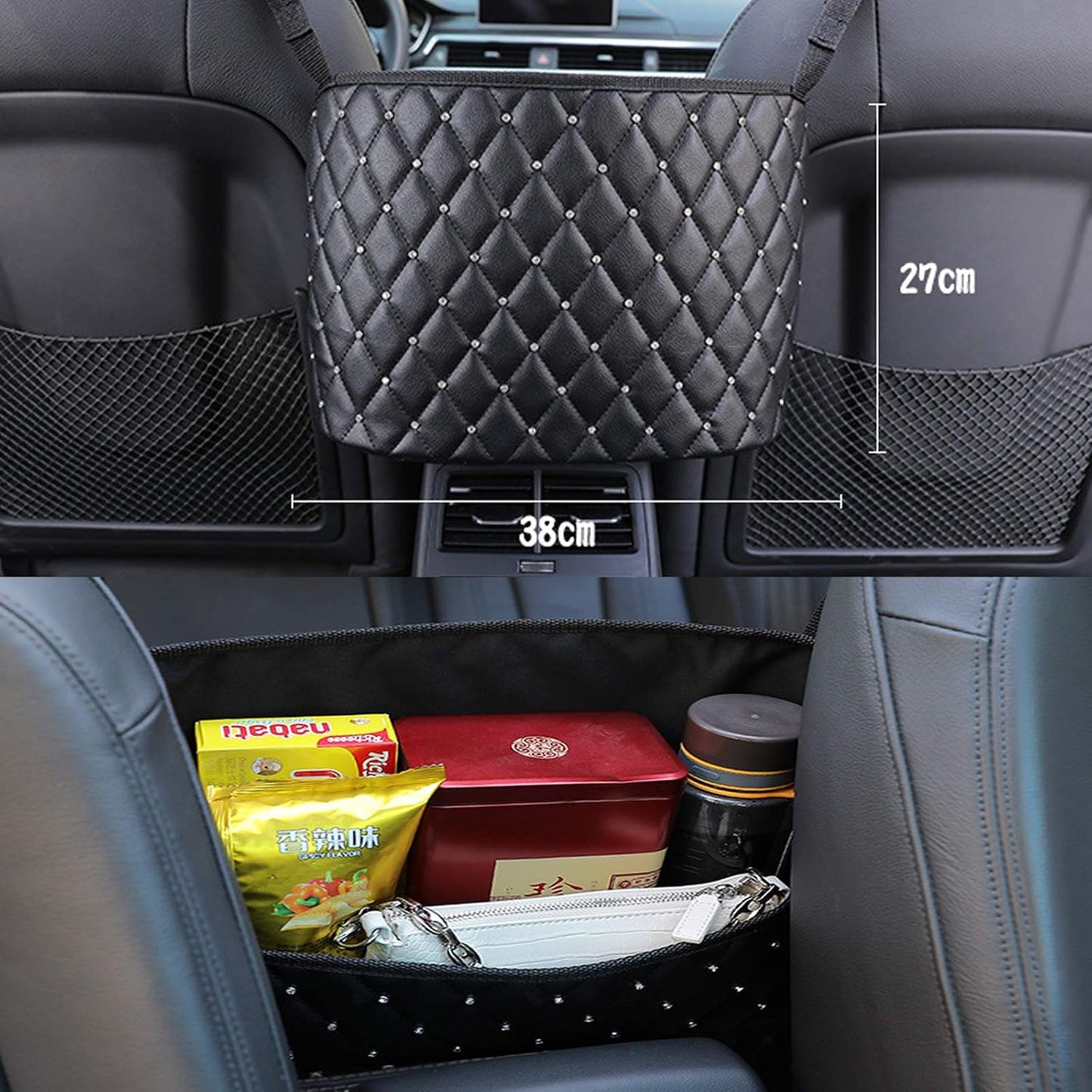 Car Net Pocket Handbag Holder with Diamond Bling Driver Netting Pouch, Handbag Holder Front Seat, Barrier of Backseat Pet Kids Storage & Pocket (Black with Diamond)