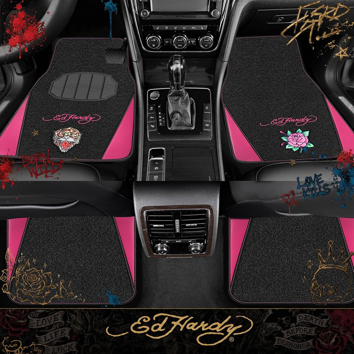 ED HARDY Tiger Print Car Floor Mats, Carpet Floor Mats with Hot Pink Leather Design, Automotive Car Mats with Built-in Heel Pad & Anti-Slip Backing, Fits Most Cars, SUVs & Trucks, Durable & Odorless