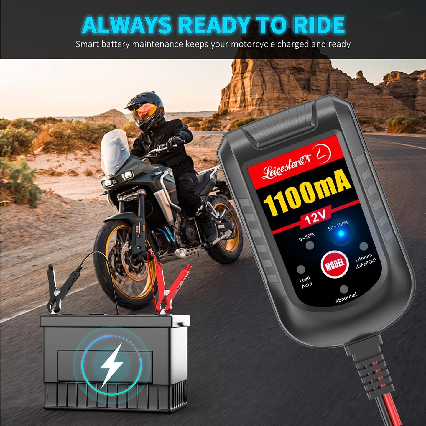 2 Pack Motorcycle Battery Charger 12V, 1.1Amp Trickle Charger and Maintainer - Smart Automatic Float Charger for Cruiser Sport Bike ATV Scooter Dirt Bike Lawn Mower, LiFePO4 Lead Acid AGM Gel