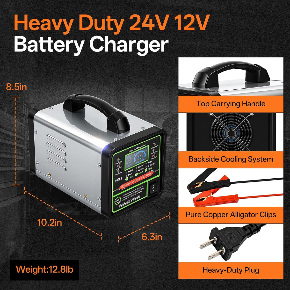 24V 12V Car Battery Charger Heavy Duty Trickle Charger for Car Battery 0-15A Smart Automotive Lead-Acid Battery Maintainer with Auto Off/Repair/Winter Modes LCD Display for Car Truck Boat Motorcycle