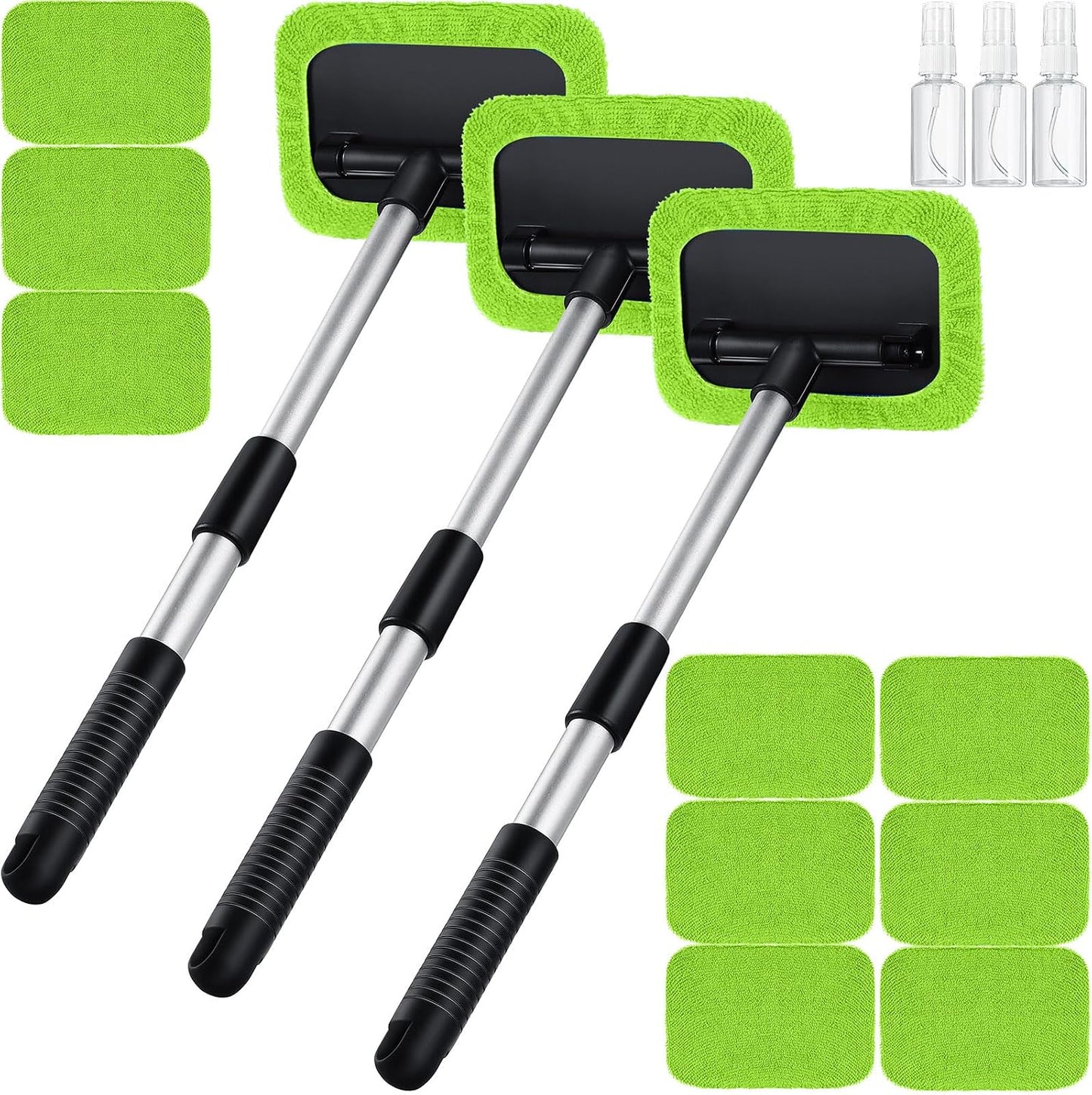 Frienda 3 Set Windshield Cleaner Tool Inside Car Window Cleaner Tool with 3 Extendable Handle 9 Reusable Microfiber Pads and 3 Spray Bottles for Auto Home Interior Exterior Glass Cleaning (Multicolor)