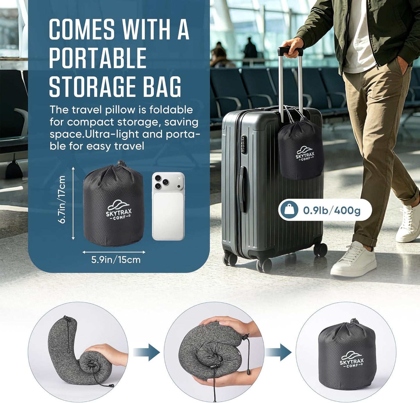 SkytraxComf® Travel Neck Pillow with Hood for Privacy on Long Flights | Memory Foam | Airplane Sleep | Safety-Tested Materials | Extra Large Hood | Chin Support | Earplugs | Washable Cover