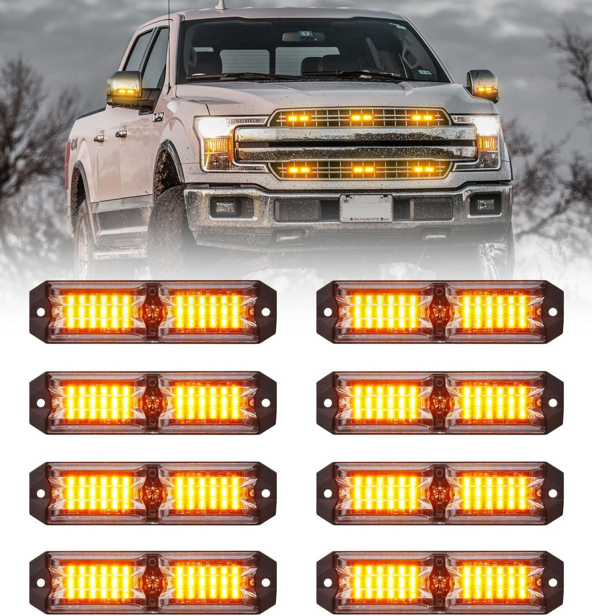 LUMENIX Grille Strobe Light Kits for Trucks, 12-LED Surface Mount Ultra Slim Emergency Hazard Warning Lights Head for Construction Vehicles Cars - White Amber