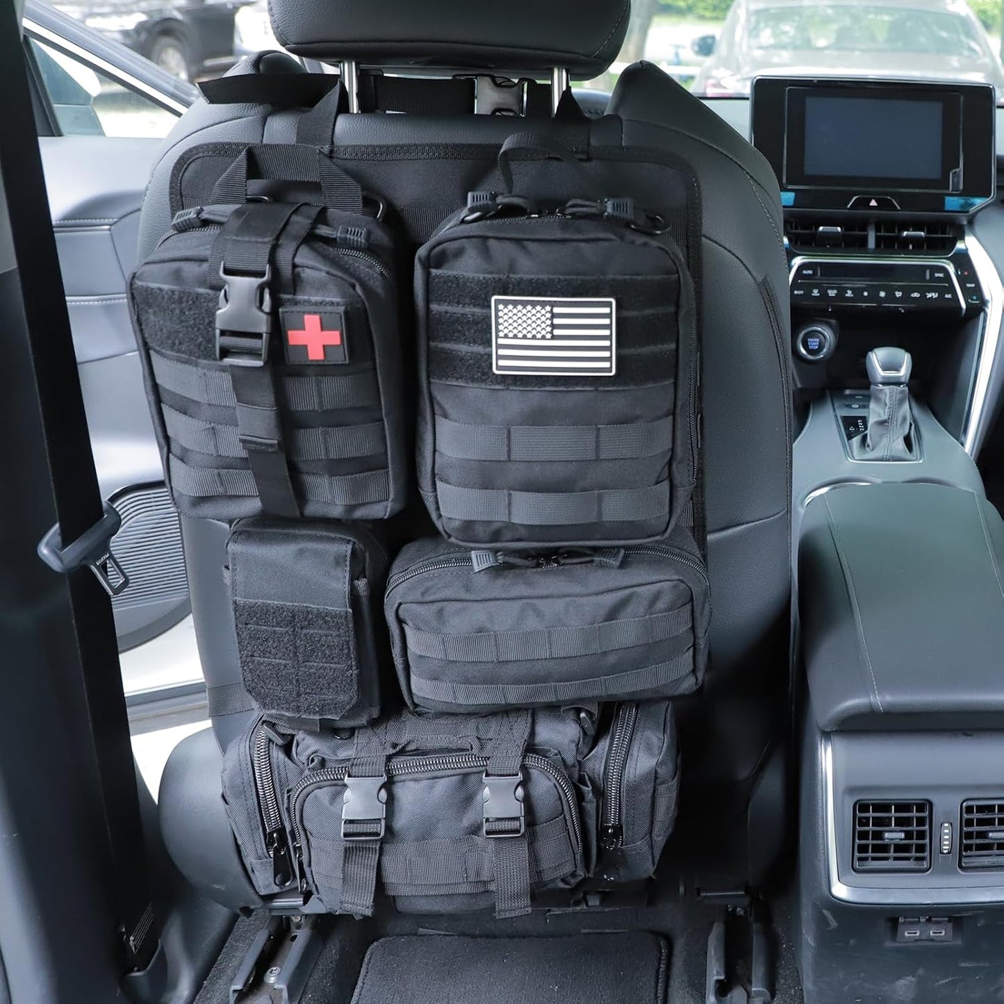 Jimikay Tactical Car Seat Back Organizer Hanger Bag with 5 Detachable Molle Pouch Vehicle Molle Panel Organizer Storage Bag Universal for for most car models (Black)