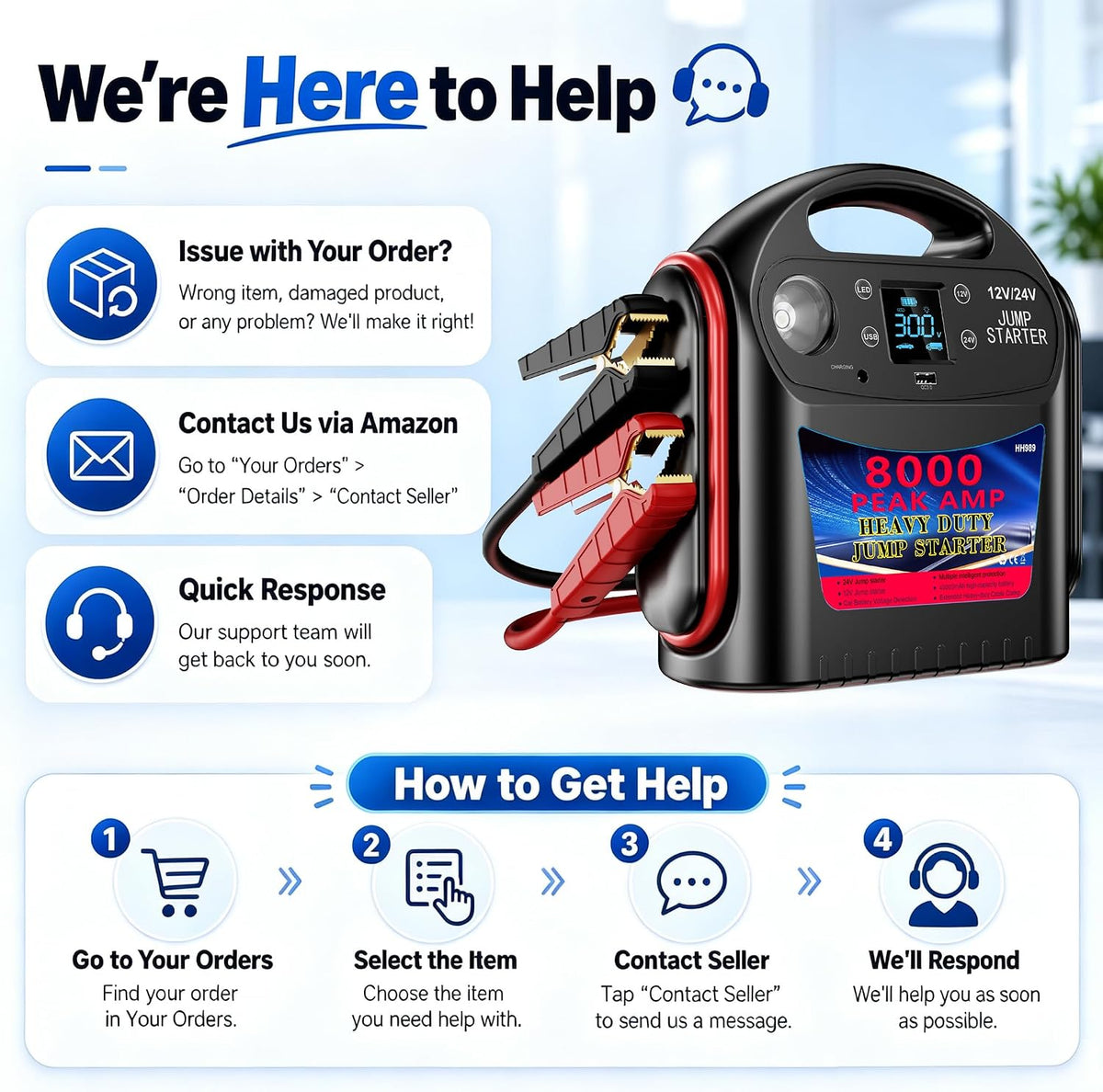 8000A 12V/24V Jump Starter for Large Gas & Diesel Engines, Heavy-Duty Portable Battery Booster Pack for Trucks, RVs & Commercial Vehicles with Force Start, Digital Display, LED Light & USB Charging