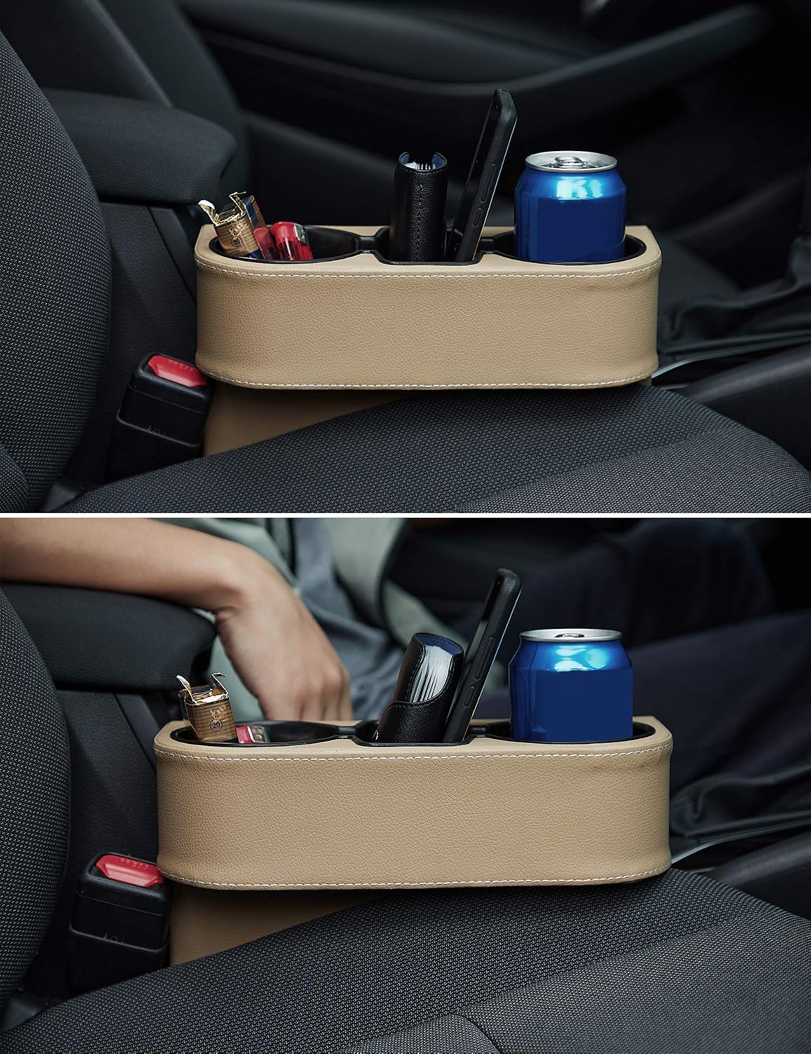 IOKONE Cup Holder for Car, Console Side Pocket, PU Leather Cover, Beige