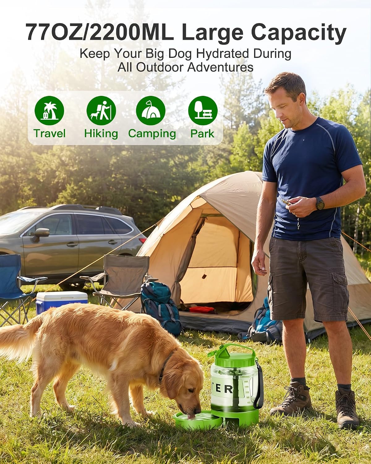 77oz Dog Water Dispenser, 2.2L Large Portable Dog Water Bottle with Pull-Out Drinking Bowl, BPA Free Leak-Proof Pet Travel Water Container for Camping, Hiking, Beach, Car Travel Essentials