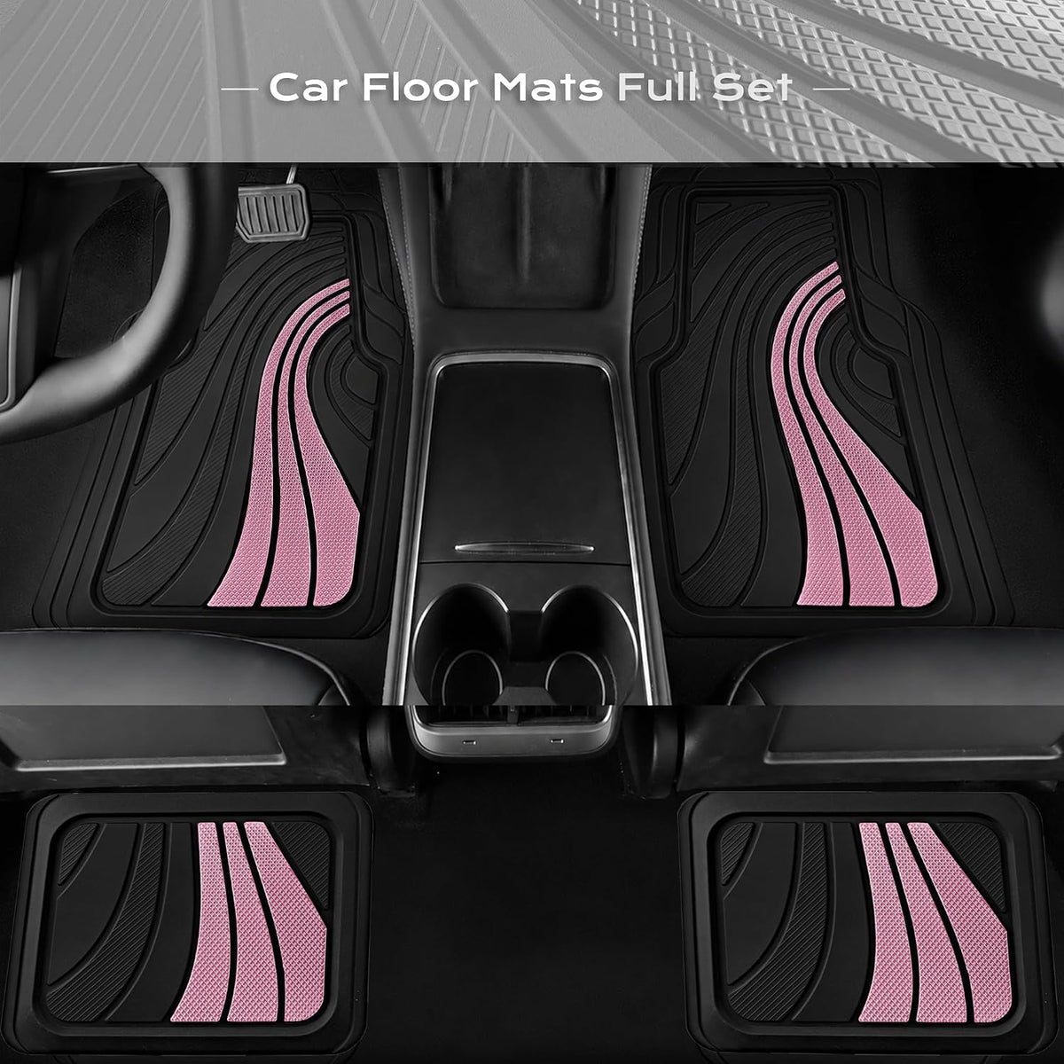 Road Comforts Car Floor Mats Full Set – Front & Rear Car Floor Mats with Aluminum Design, Anti-Slip Backing, All-Weather Protection, Trim-to-Fit Car Mats for Most Sedans, SUVs & Vans - Pink