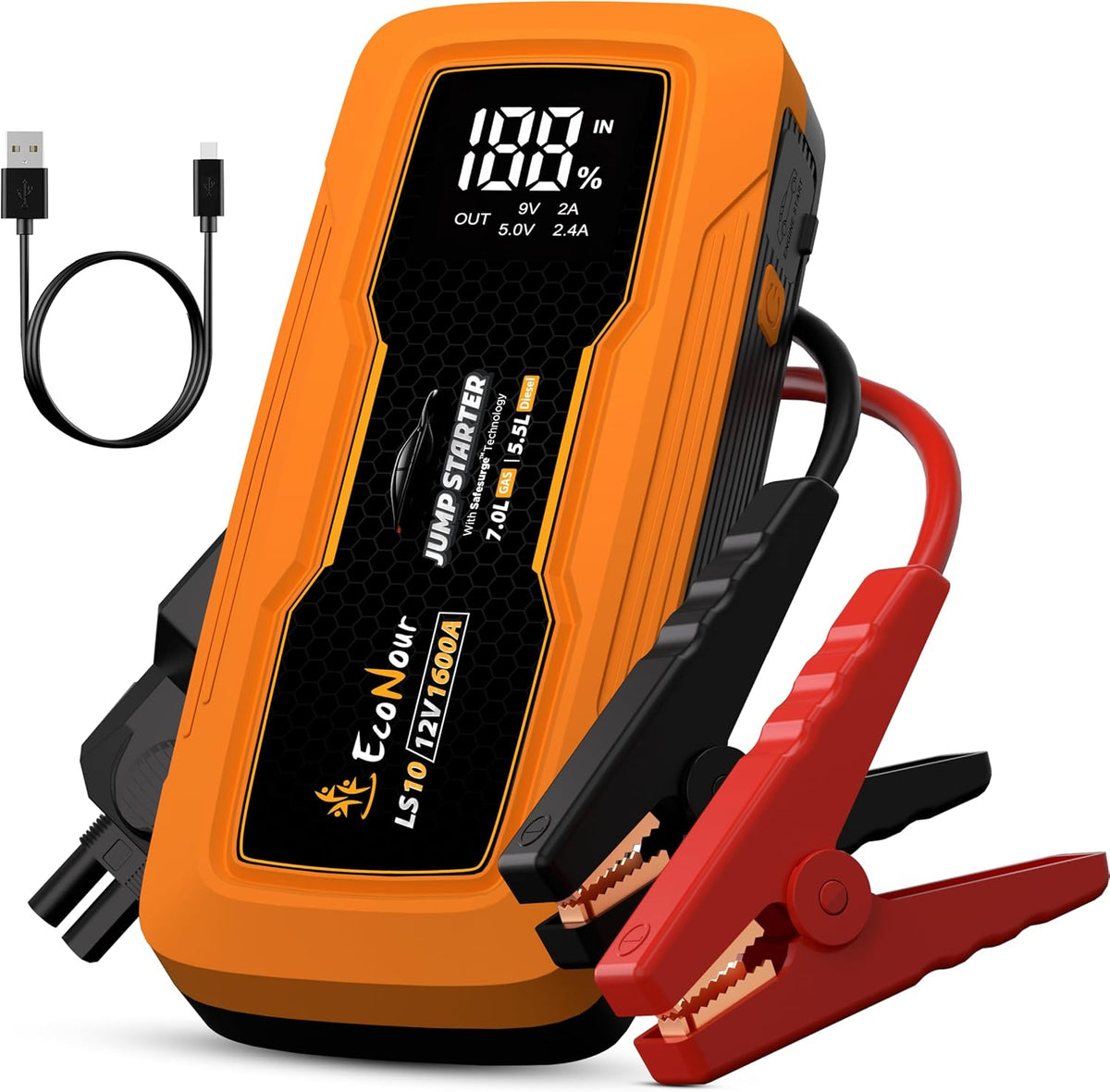 EcoNour 2500A Portable Car Jump Starter 12V Battery Booster Pack Up to 8.5L Gas & 6L Diesel Engines – Jump Box with Jumper Cables, USB Charger, LCD Display, LED Flashlight – for Cars, SUVs, Trucks