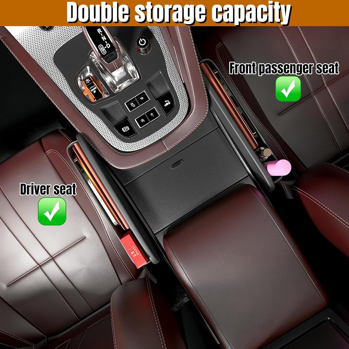 BLIRITEL Car Seat Gap Filler Organizer with Charging Hole, PU Leather Car Seat Gap Plug with Storage Slot, Car Console Side Organizer for Phone, Keys & Cards (Black-2 Pack)