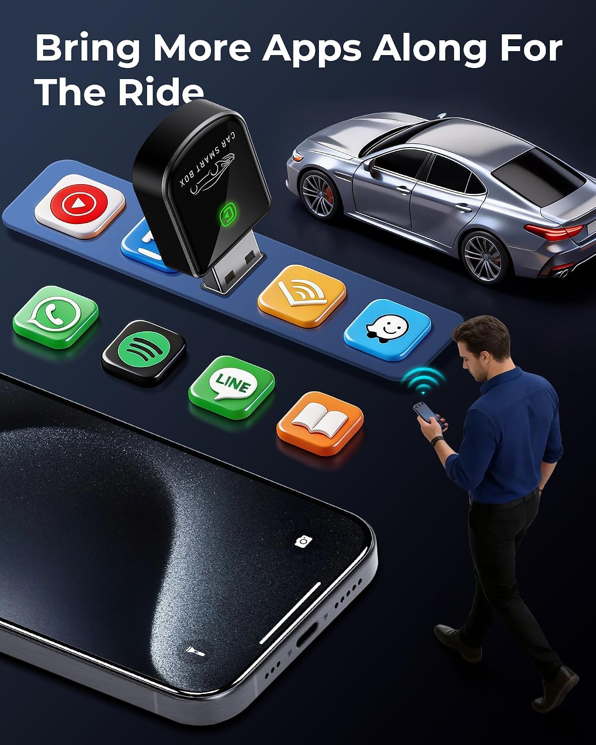 Wireless Carplay Adapter for iPhone Latest Upgrade, Tiny Bluetooth Receiver Convert Wired to Wireless for Apple Car Play Plug & Play, Zero-Lag Media GPS Works with 2016+ Cars (Ebony Black)