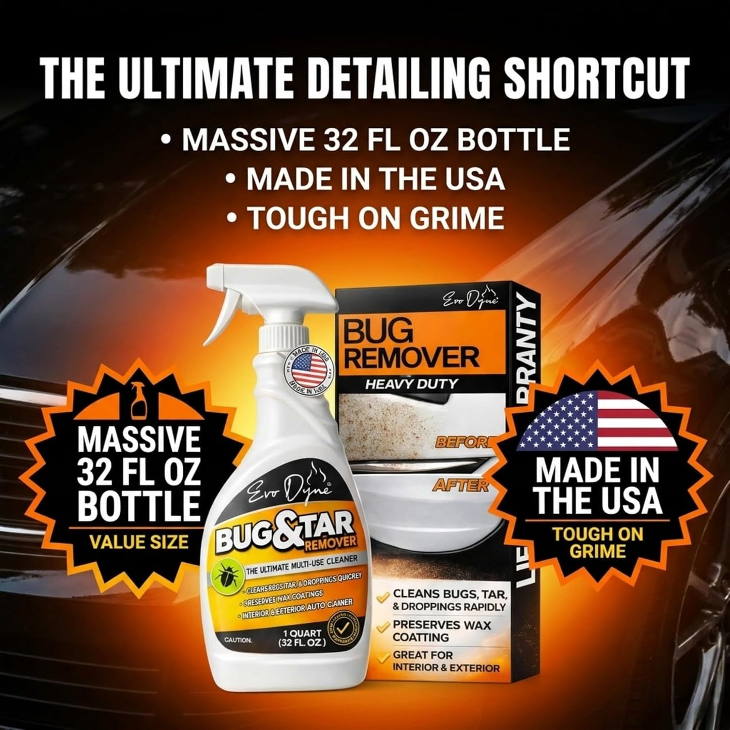 Evo Dyne Bug Remover for Car Detailing (32 fl oz Per Bottle), Made in the USA - Car Interior Cleaner Removes Tar, Droppings, Guts, Dirt, Grease | Ultimate Tree Sap Remover