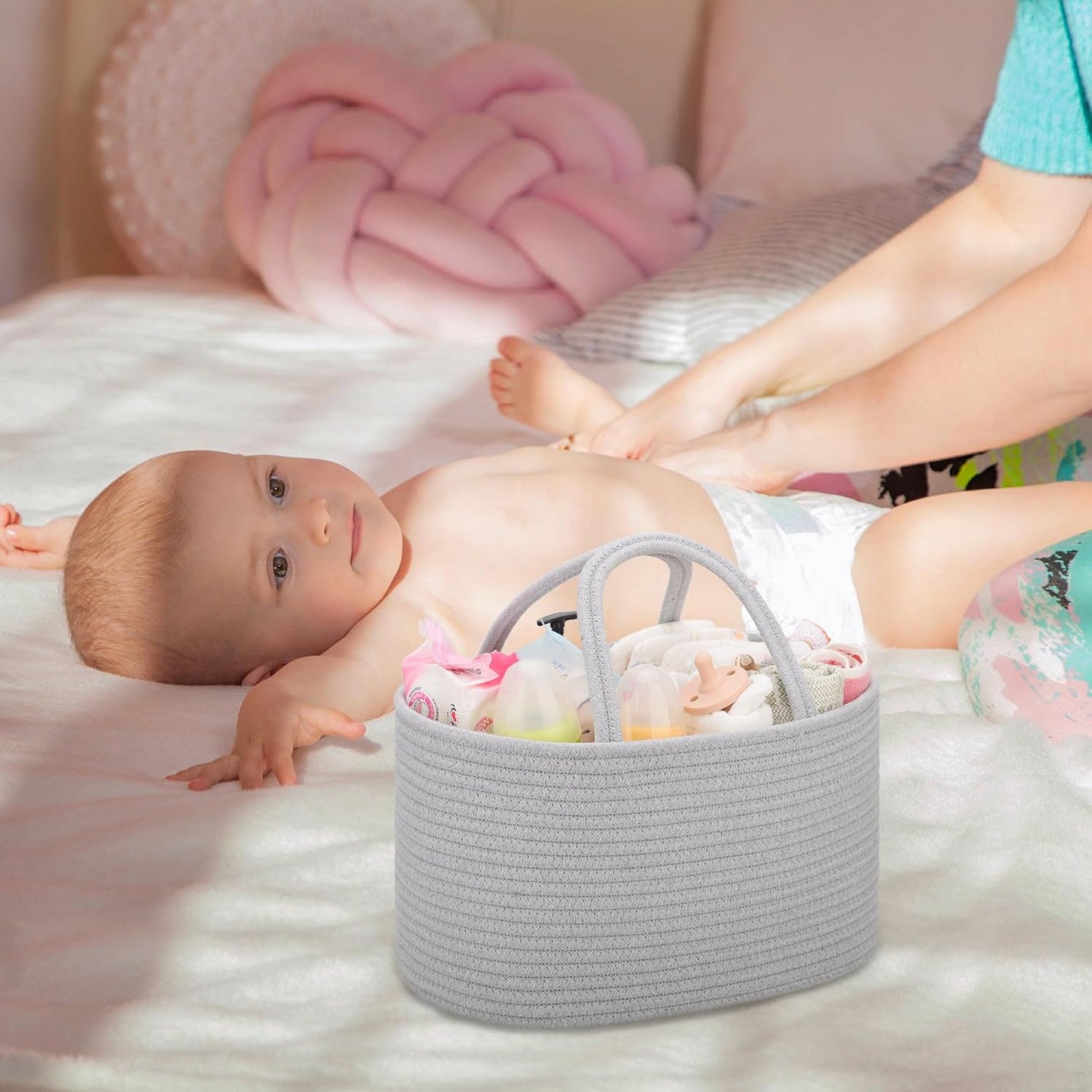 COMSE Baby Diaper Caddy Organizer, Car Caddy, Diaper Change Organizer, Gift Baskets Empty, Portable Tote Bag with Divider, Baby Shower Gifts Newborn Essentials Registry Must Have, Cool Gray