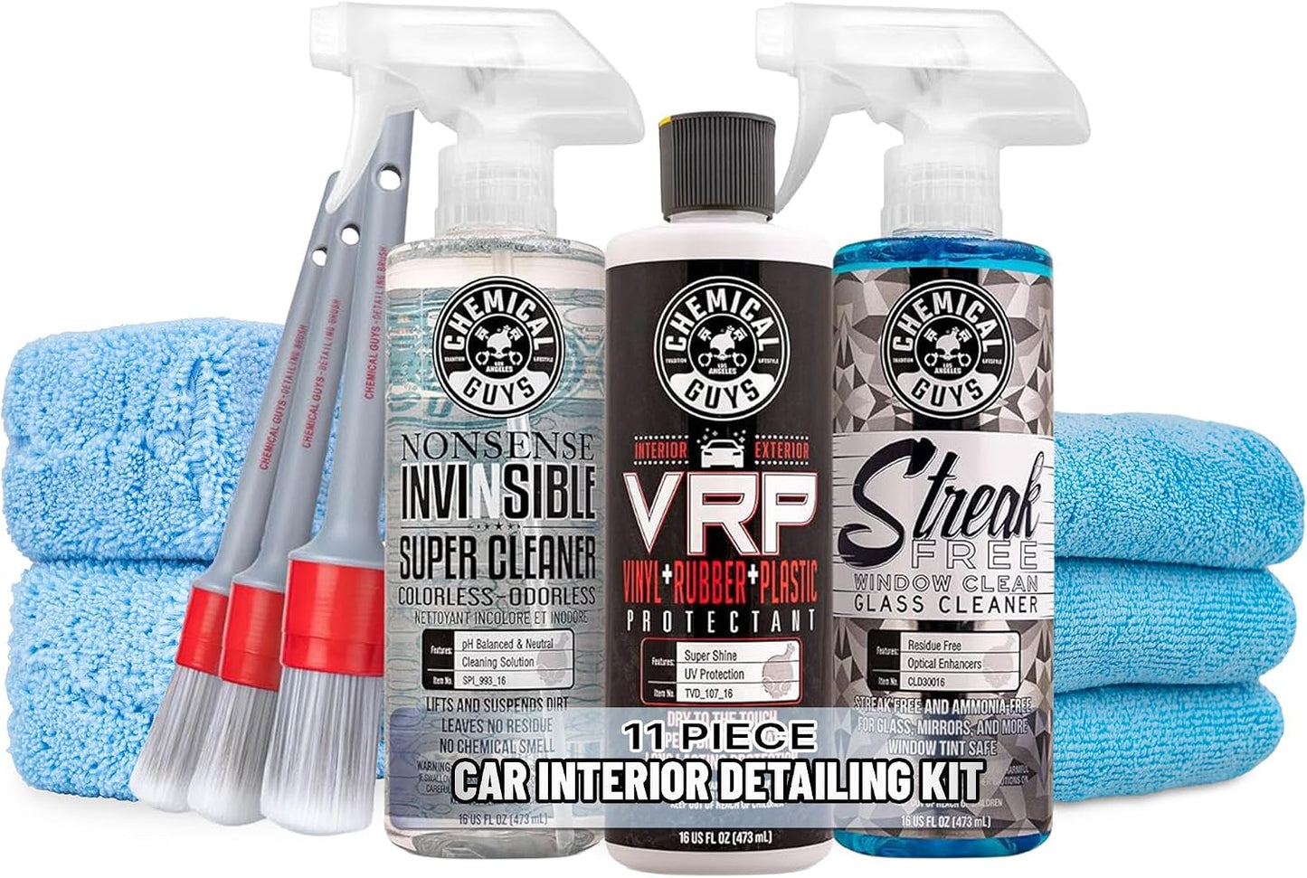 Chemical Guys All Surface Clean and Shine Kit with Storage Bag Interior Cleaner Glass Cleaner Dressing Microfiber Towels and Brushes Giftable Car Care Set