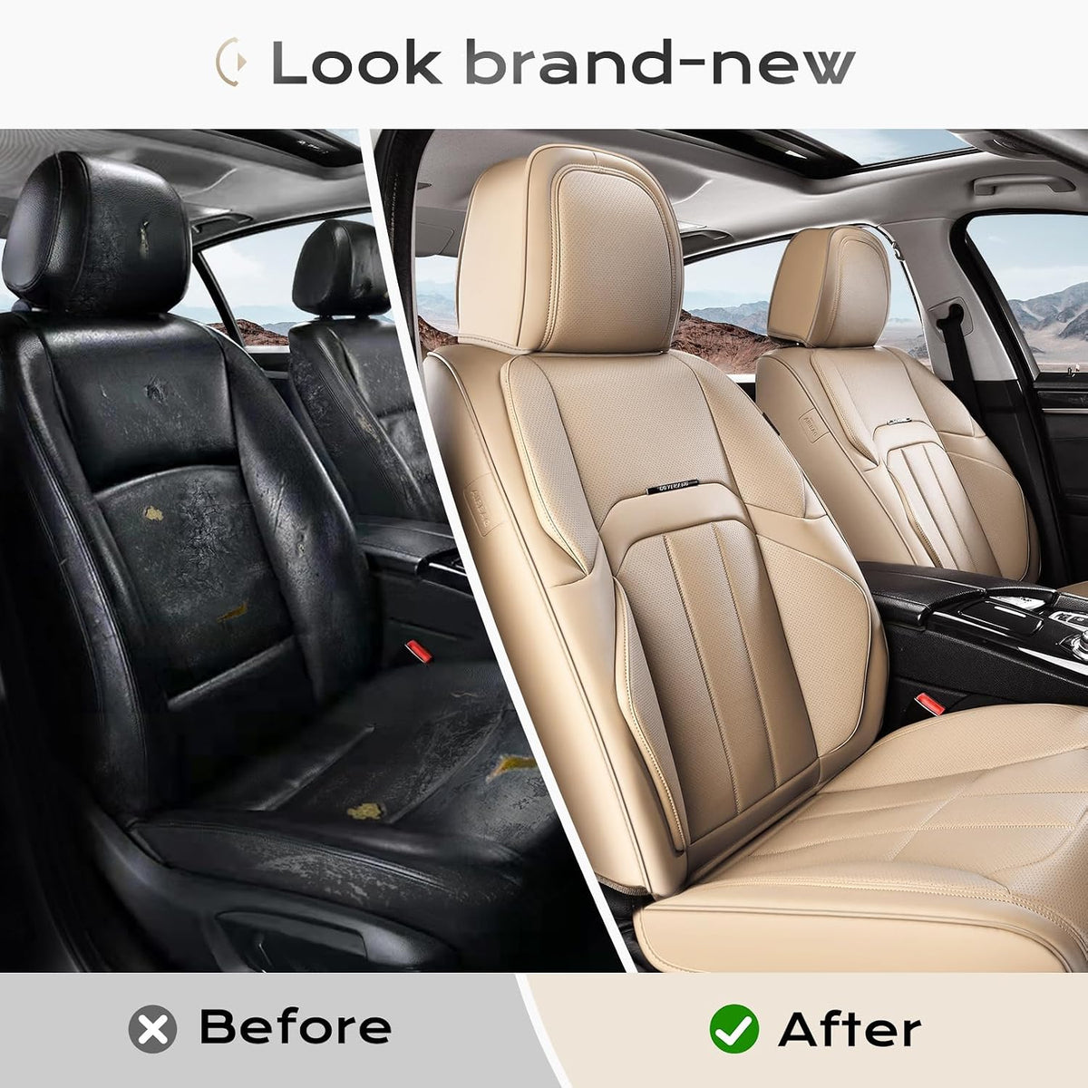 Coverado Nappa Leather Car Seat Covers Full Set, Luxury Waterproof Seat Protectors, Airbag Compatible Anti‑Slip Auto Seat Covers, Universal Fit for Most Cars SUVs Trucks Pickup Vehicles