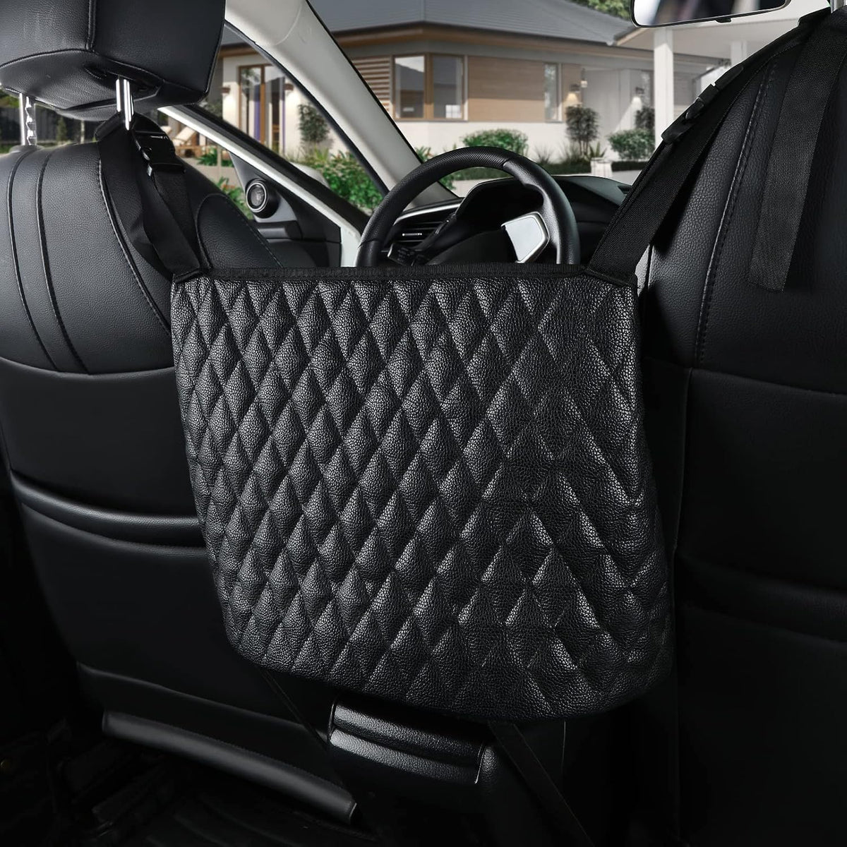 Car Organizers and Storage Purse Holder, Large Capacity Car Net Pocket Handbag Holder, Automotive Consoles & Backseat Organizer, Leather Back Seat Bag Between Car Front Seats, Beige