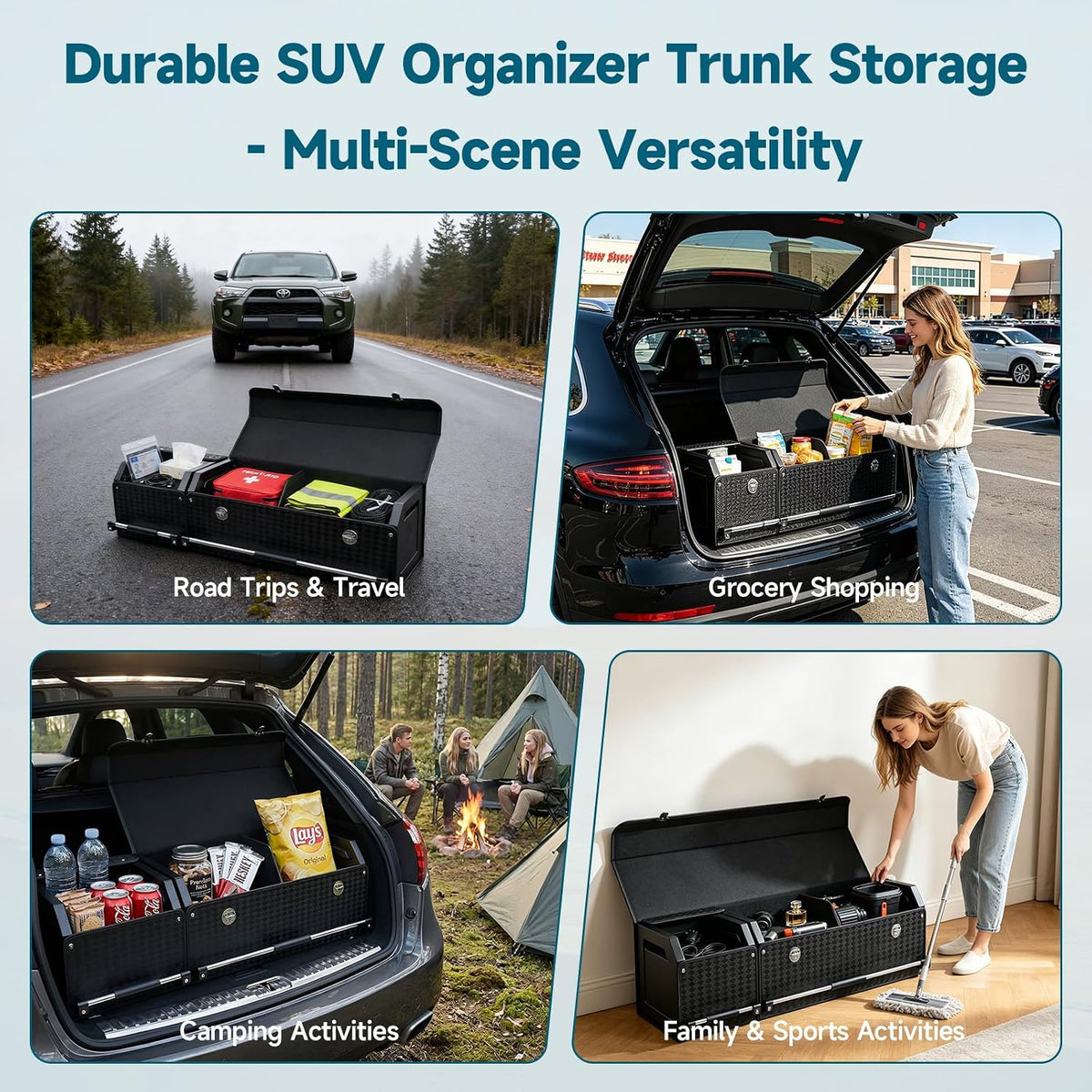Leather Trunk Organizer, Waterproof Combination of Car Storage Organizer | 40.1*11.4*12.2in, Diamond-Pattern Leather, Heavy Duty, With Lid & Push-Pull Handle, for Groceries, Commute, Road Trips, Home