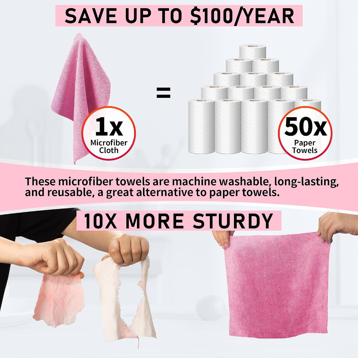 Microfiber Cleaning Cloth Roll, 75 Pack Tear Away Microfiber Towel, Reusable Washable Shop Towels, Lint Free Cleaning Rags for Car Home Kitchen Garage & Automotive 11.5"x11.5" Pink