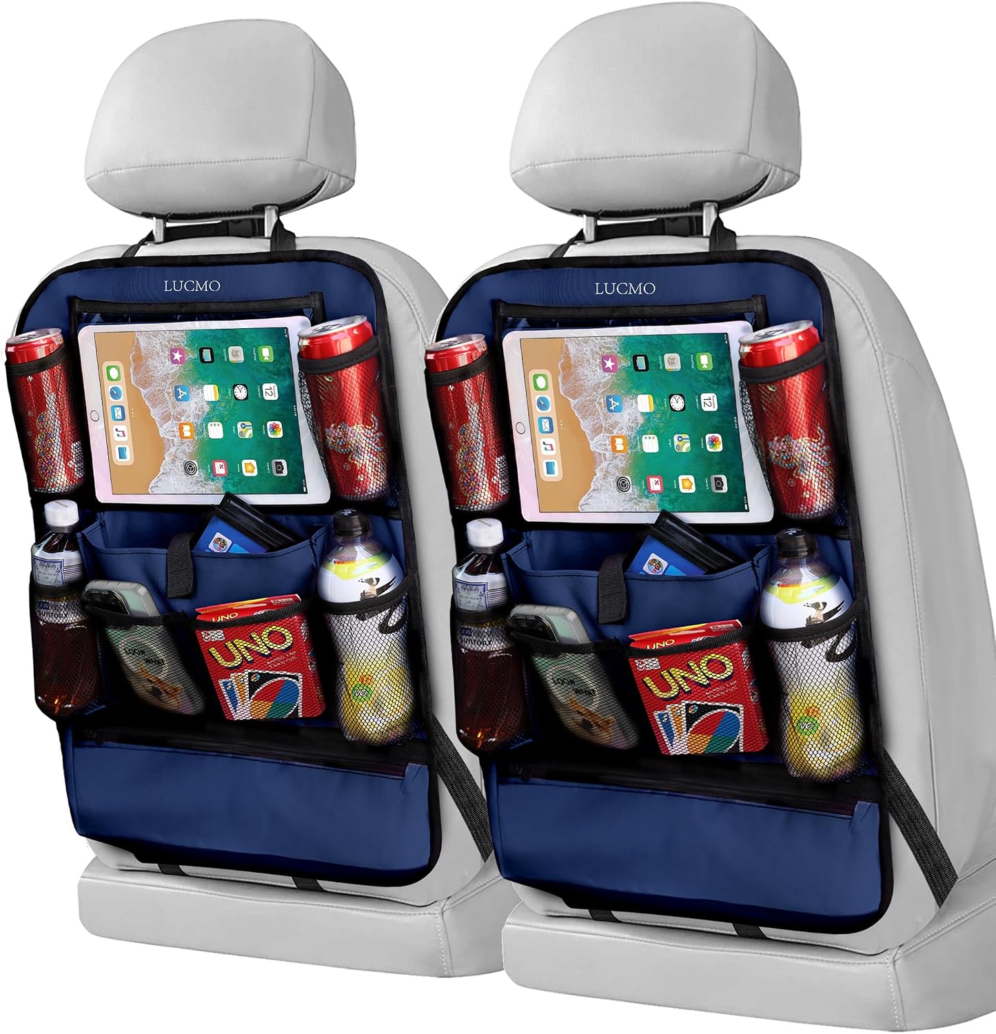 LUCMO Car Backseat Organizer with Touch Screen Tablet Holder, Black | 9 Storage Pockets,Clear Tablet Holder,Protectors Kick Mats,Travel Accessories,Seat Cover,Road Trip Essentials