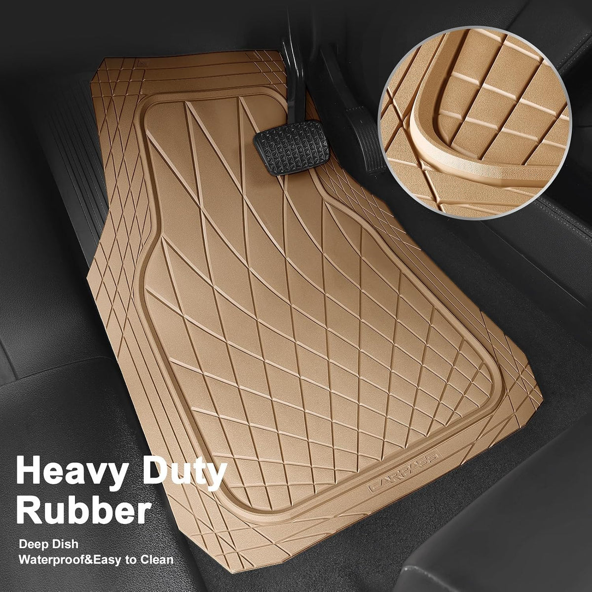 CAR PASS Heavy Duty Rubber Car Floor Mats, Deep Dish All Weather Car Mats Full Set, 3 Piece Waterproof Premium Anti-Slip Floor Mats Rugs Universal Trim to Fit for 95% Sedan SUV Van Truck, All Beige