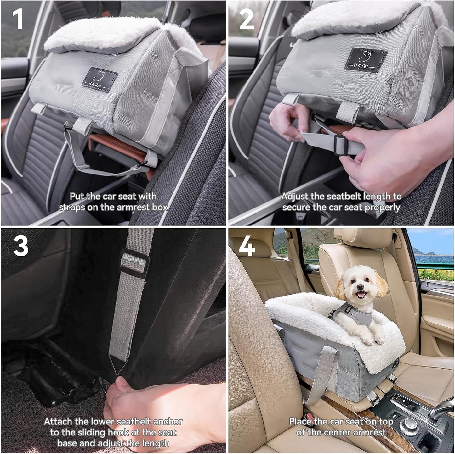 Center Console Dog Car Seat for Small Dogs Under 12 lbs – Secure Booster Seat with Safety Tether, Fits Most Cars & SUVs, Soft Washable Cushion, Portable Carrier Ideal for Pet Travel
