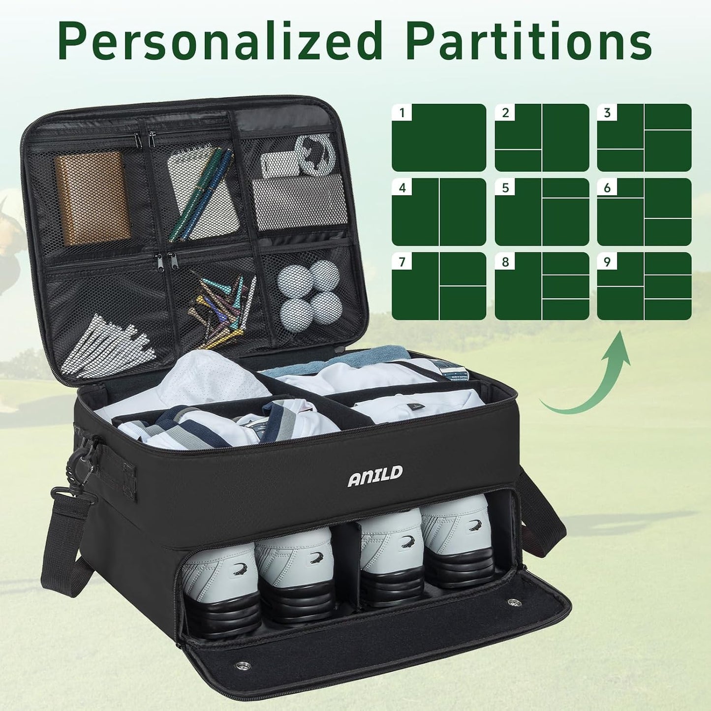 ANILD Golf Trunk Organizer, 2 Layer Golf Storage Case with Separate Ventilated Compartment for 2 Pair Shoes, for Balls, Tees, Clothes, Gloves, Accessories, Golfer Gifts